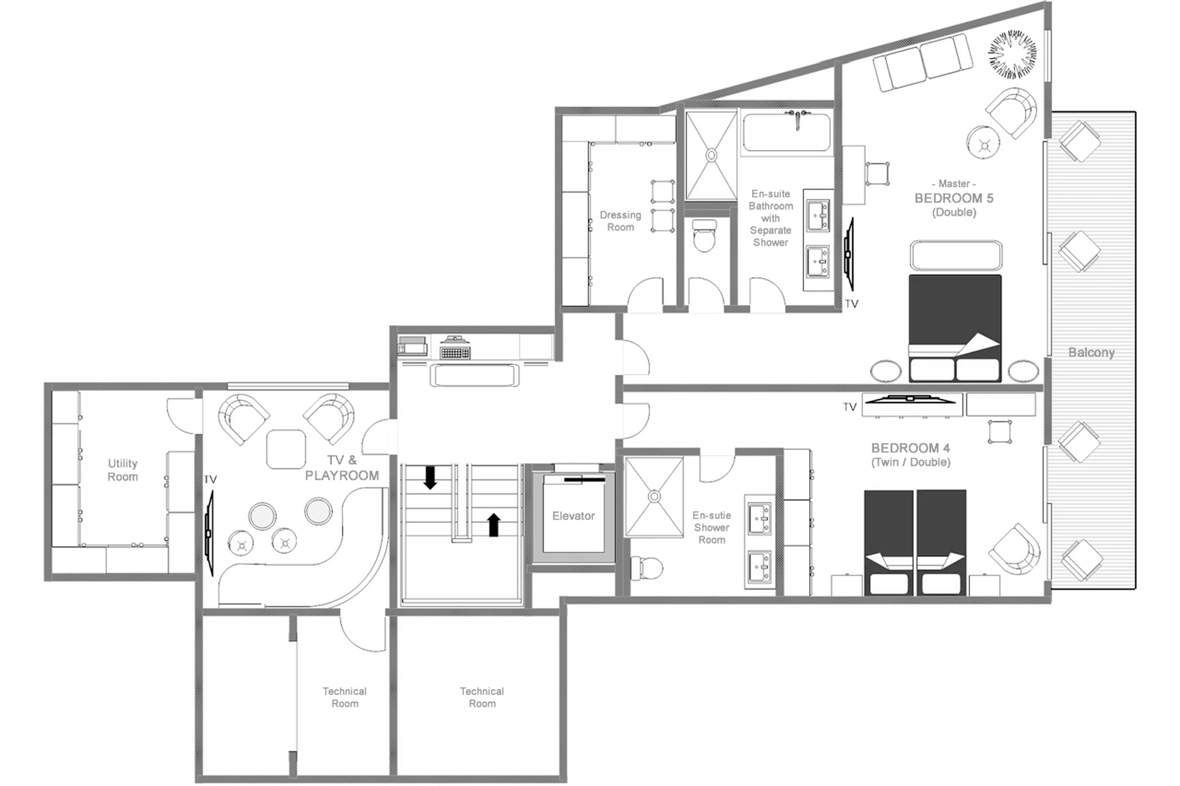Floor plan of second floor at Chalet Aconcagua in Zermatt