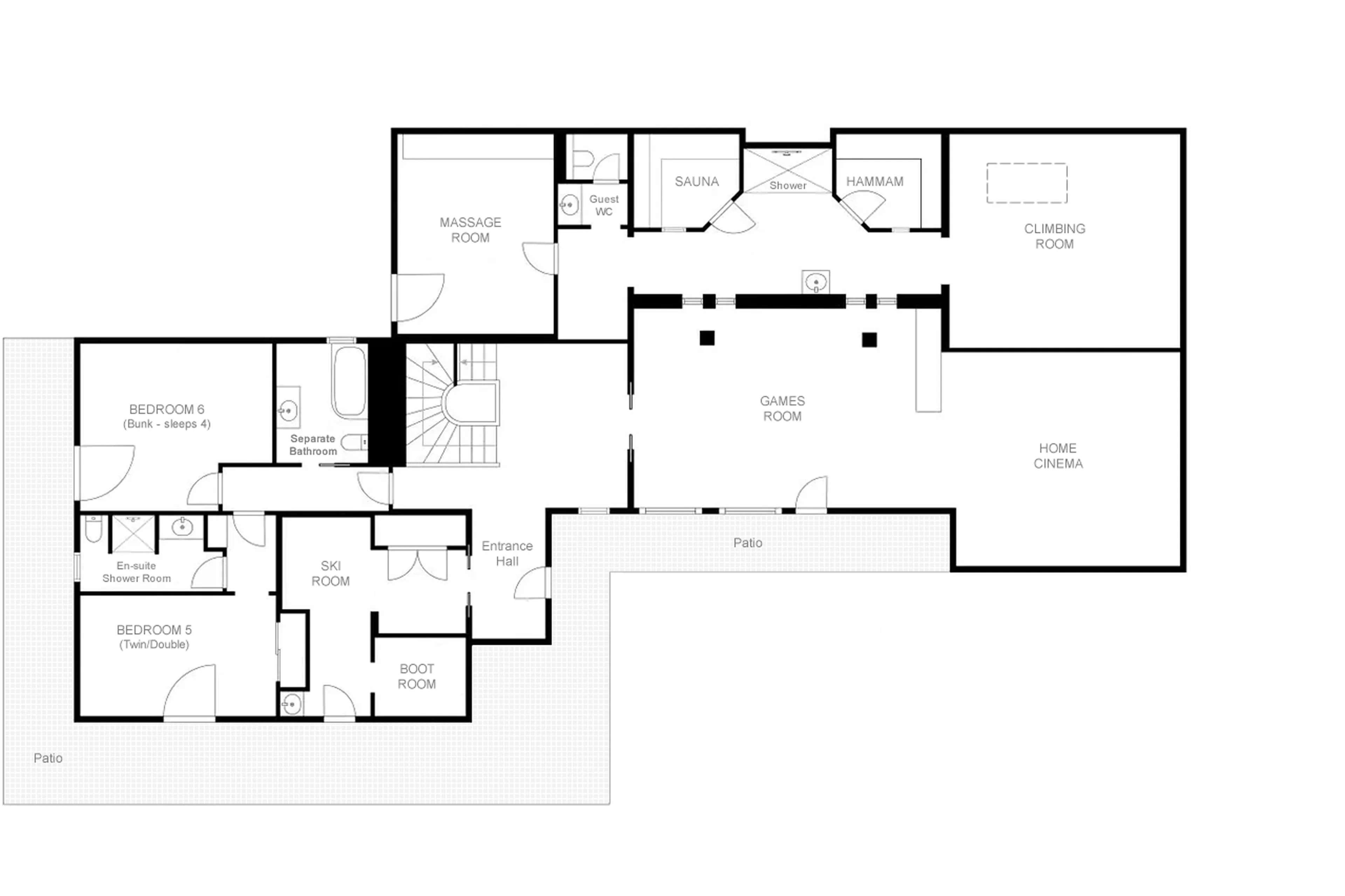 Level 0 floor plan of Chalet Alpaca in Meribel