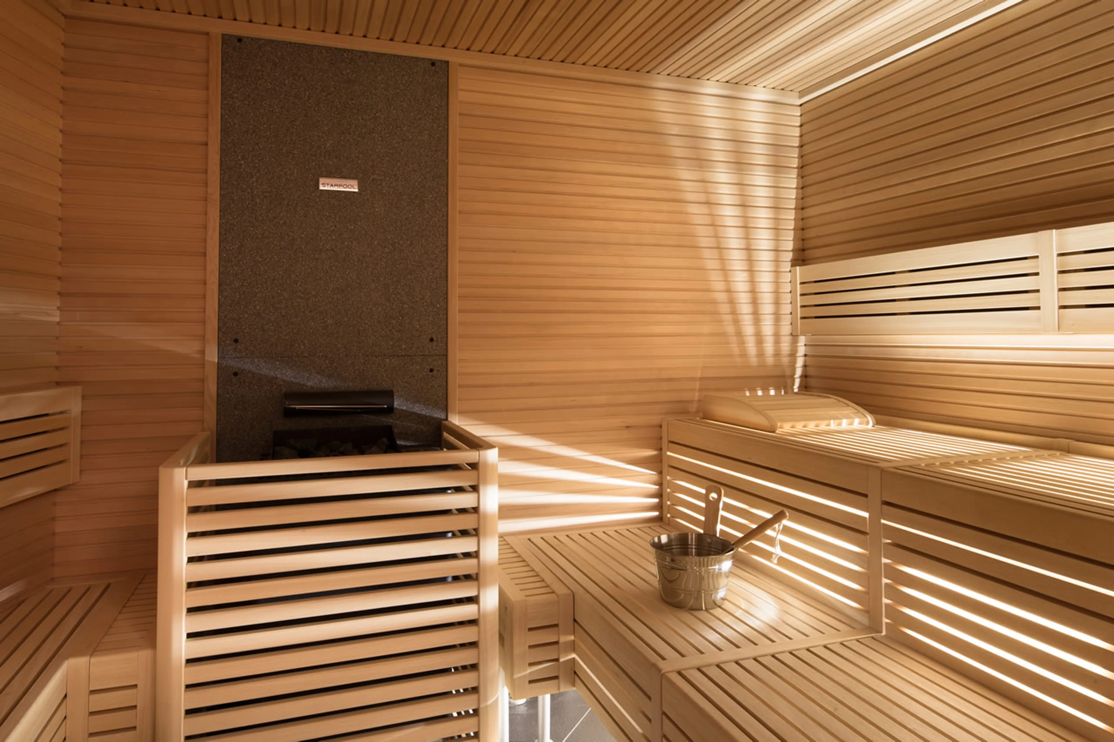 Large modern sauna in the wellness area of Chalet Alpensia in Courchevel 1850