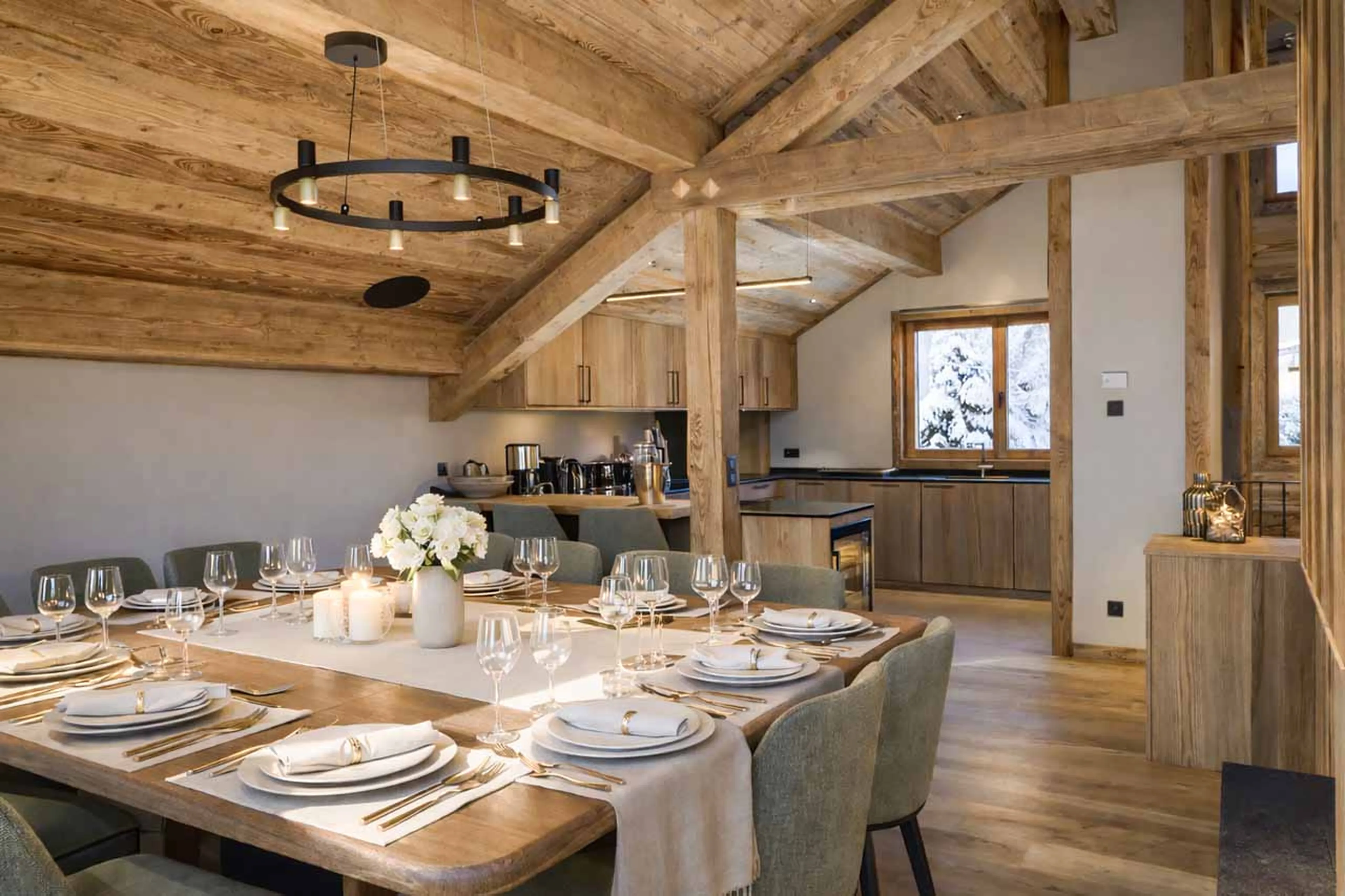 Main chalet dining and kitchen area at Chalet Altai in Megeve