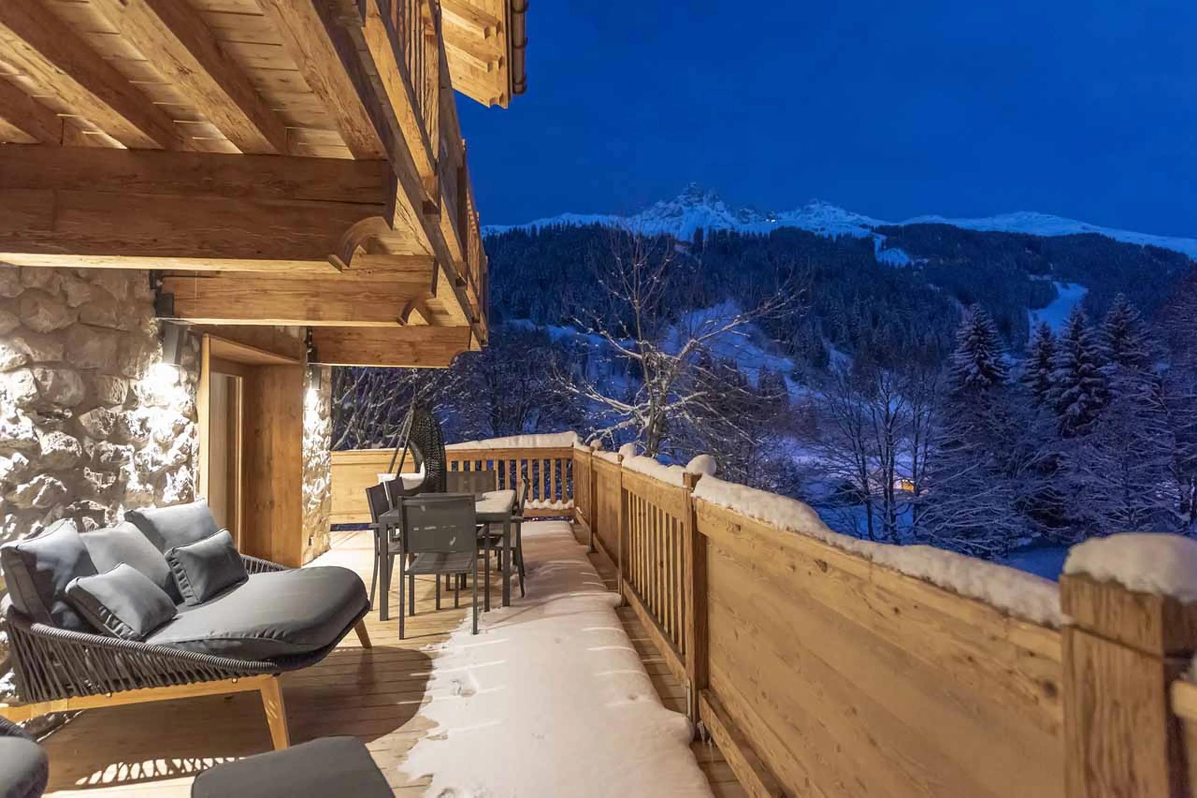 Terrace at night at Chalet Alya in Meribel