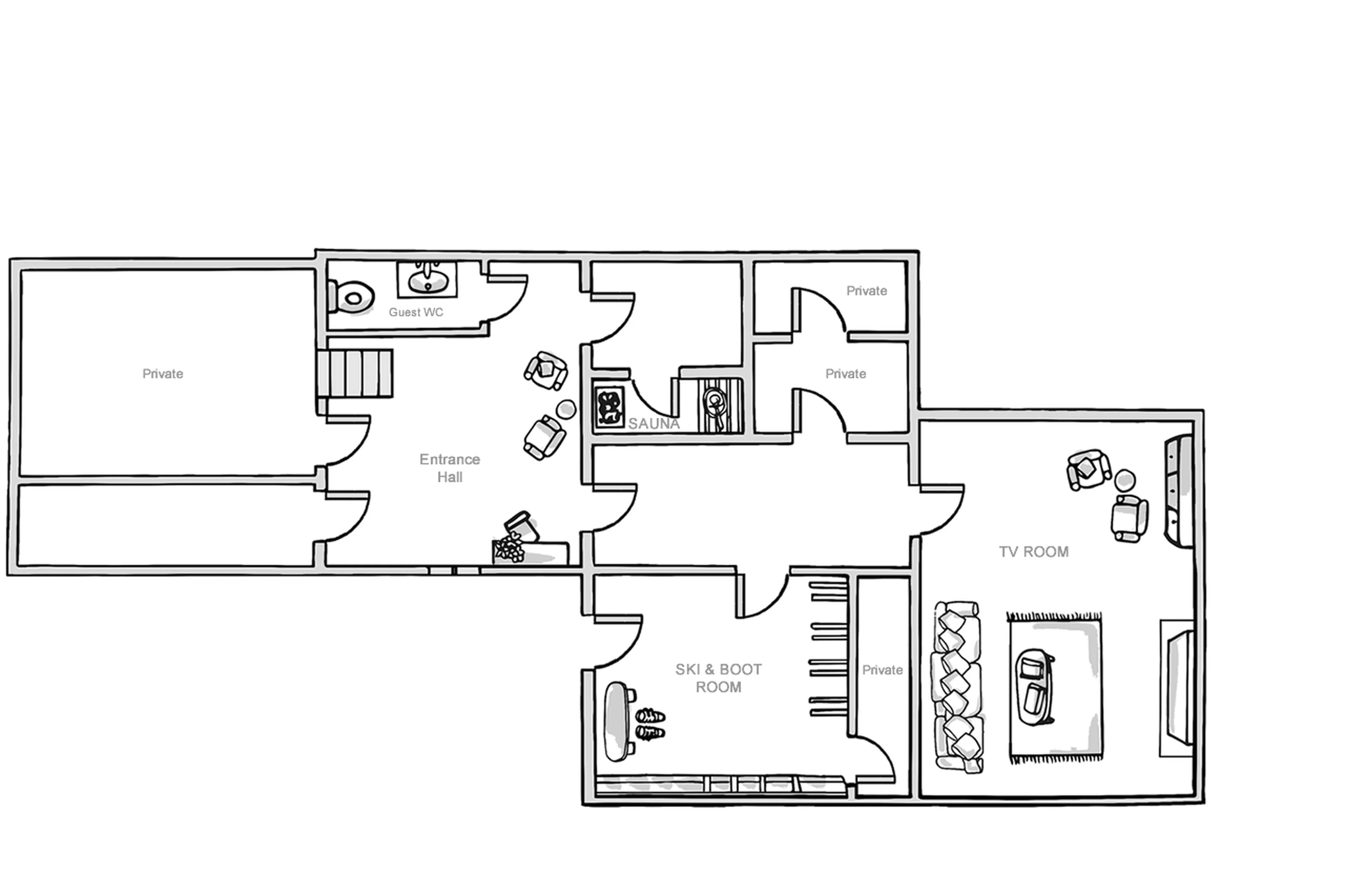 Level 0 floor plan of Chalet Amarena in Meribel