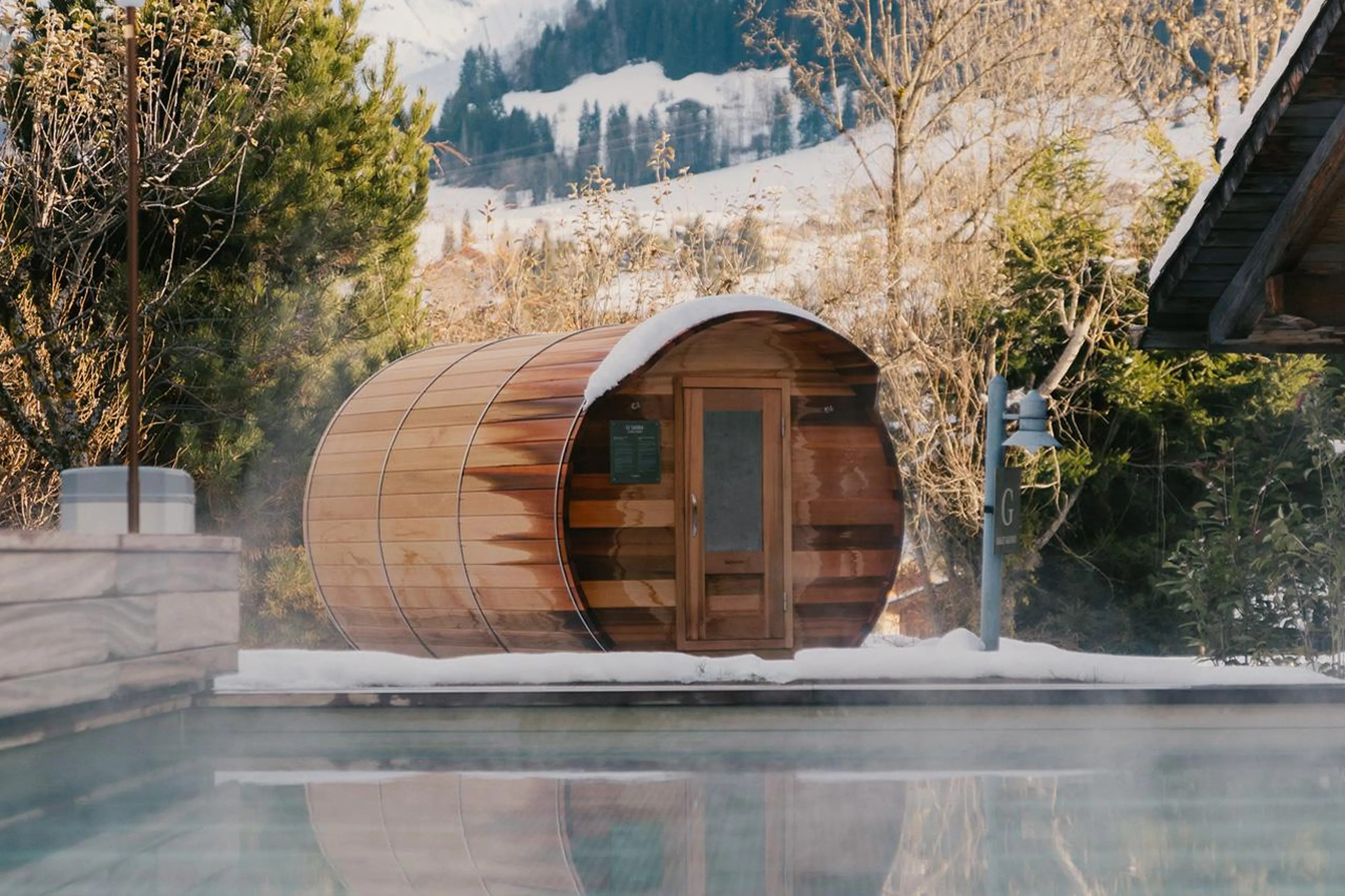 Barrel sauna at L'Alpaga Hotel at Chalet Ambroise, Megeve