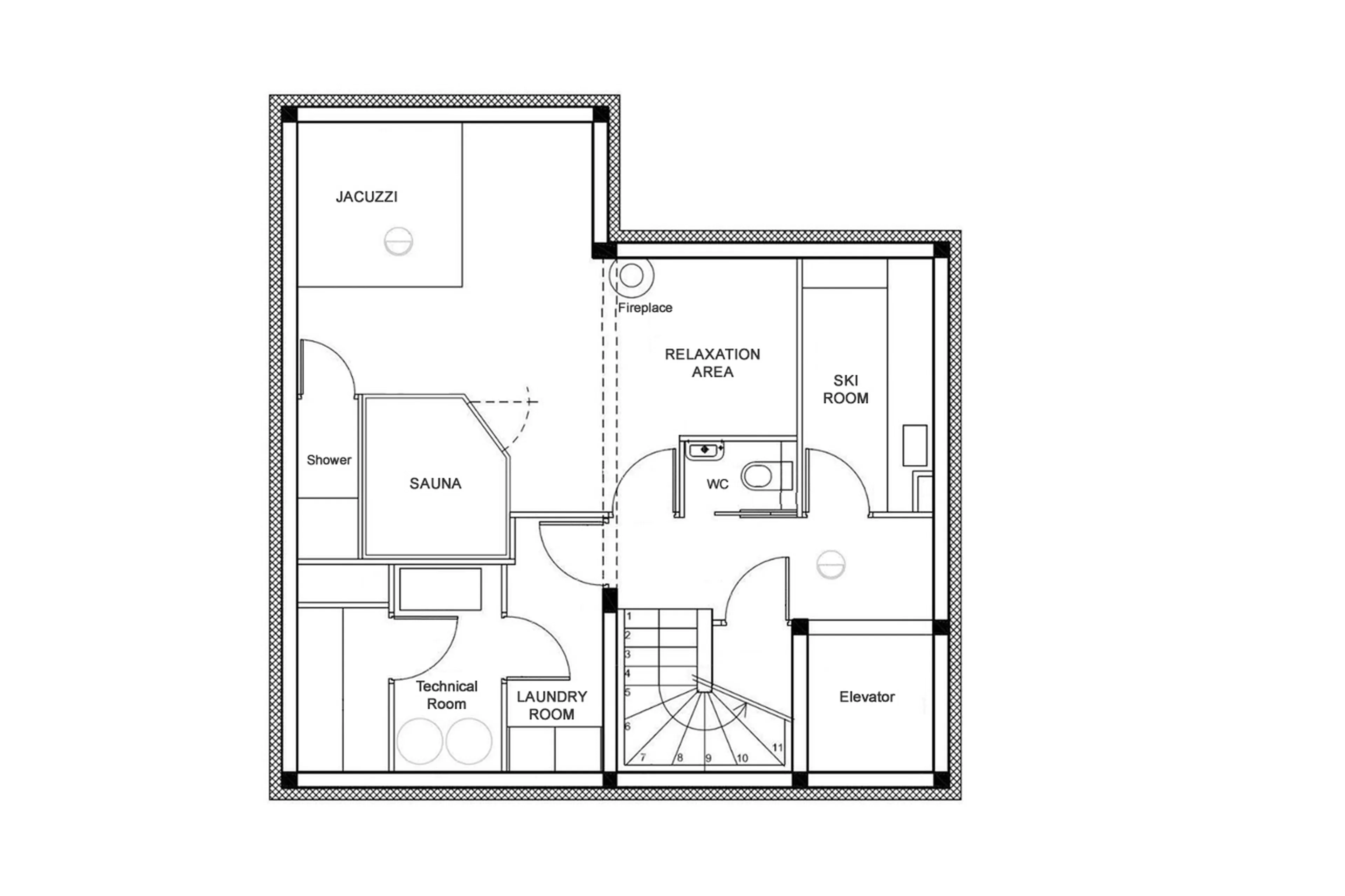Level -1 floor plan of Chalet Ancolie in Courchevel 1550