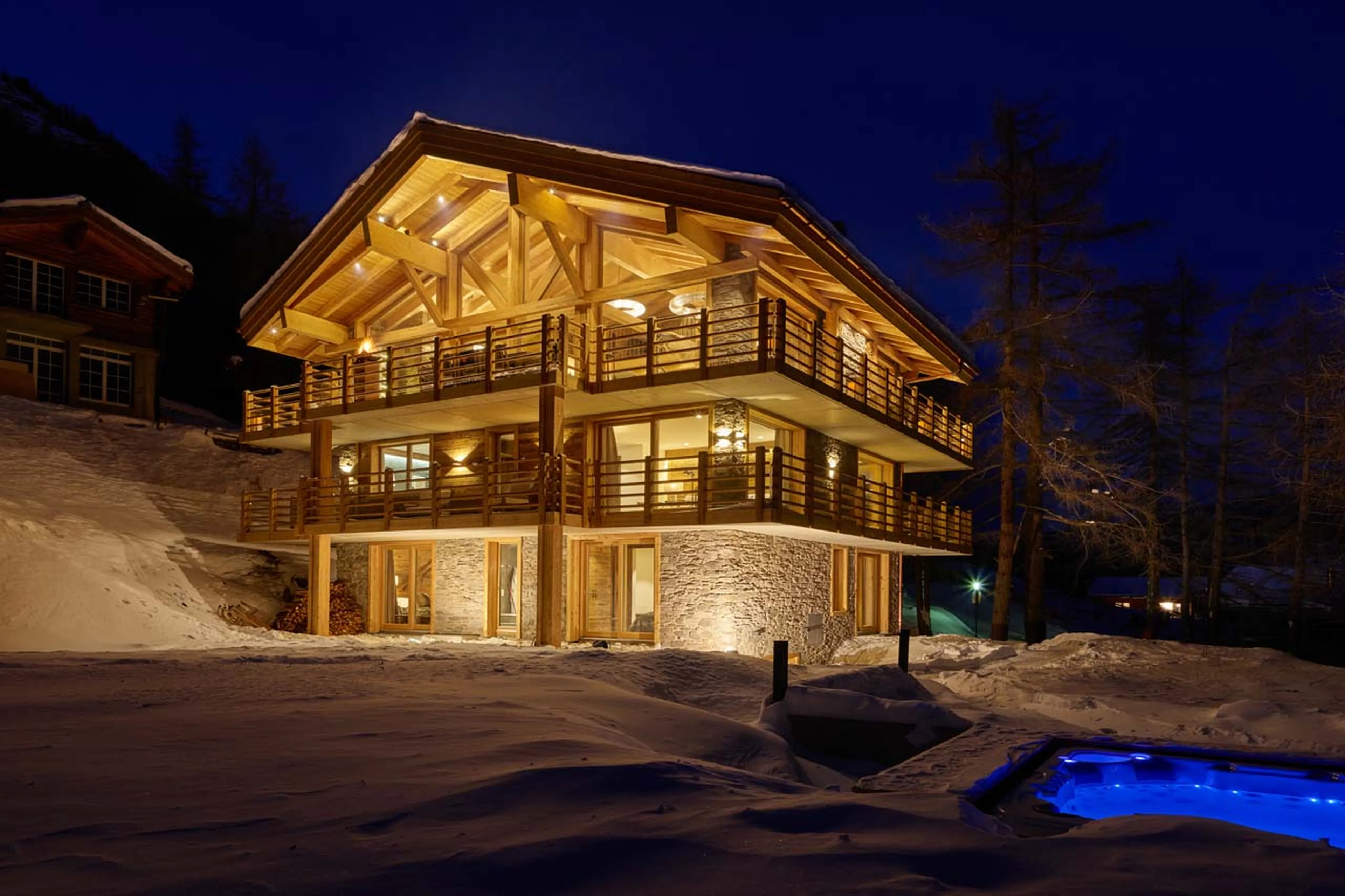 Exterior at night of Chalet Annapurna in Saas Fee