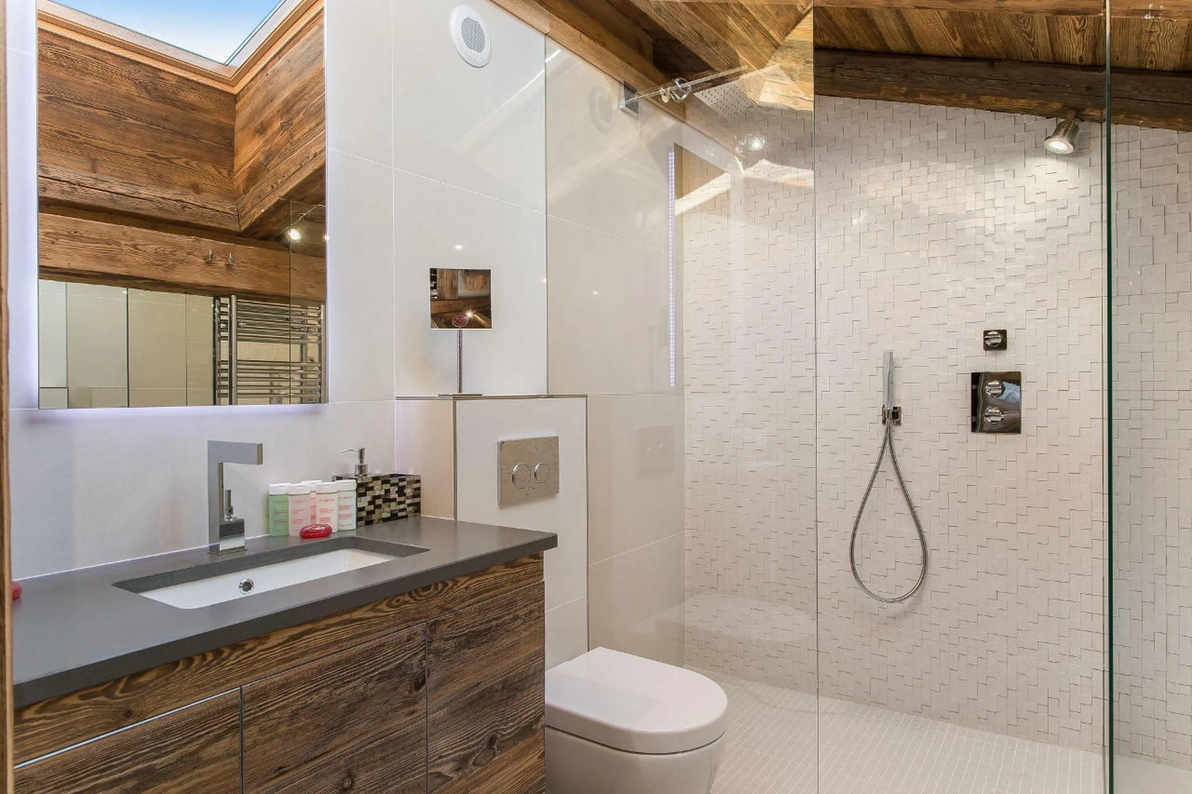 En suite shower room to master bedroom in Chalet Ararat in Megeve