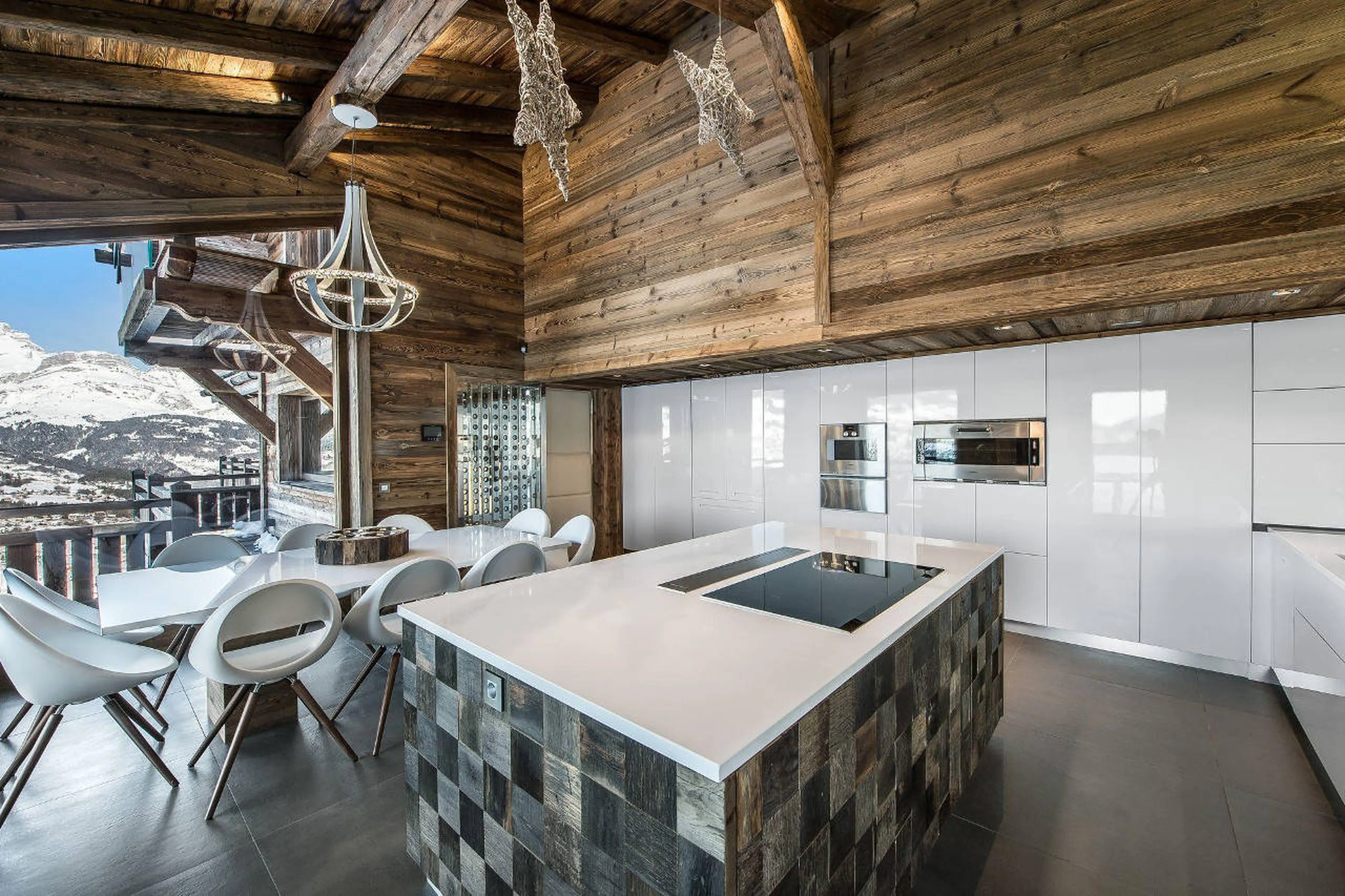 The white-themed semi-professional kitchen of Chalet Ararat in Megeve