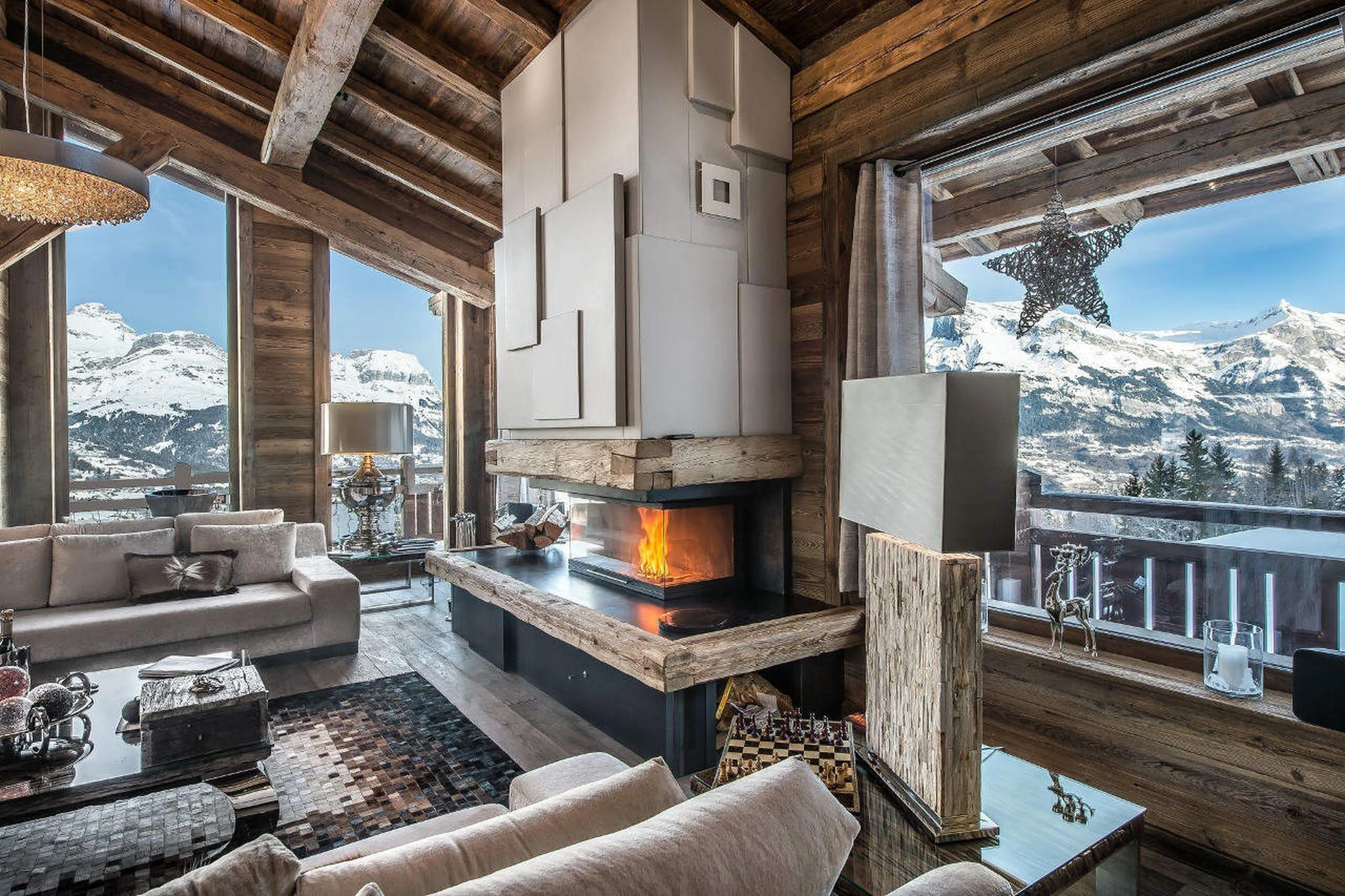 Comfortable seating and soft lighting in living area of Chalet Ararat in Megeve
