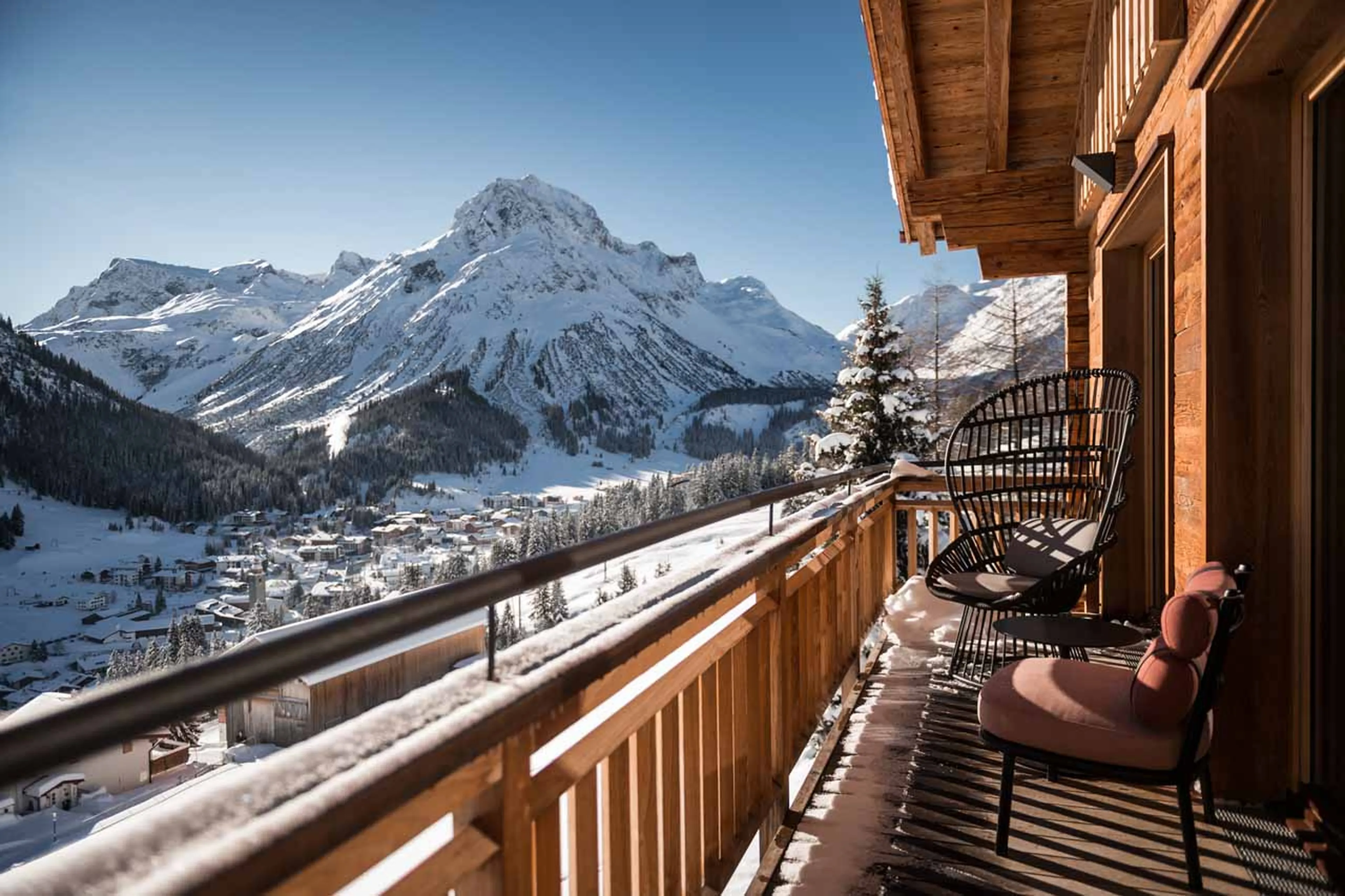 Balcony overlooking Lech at Chalet Arula 1 in Lech