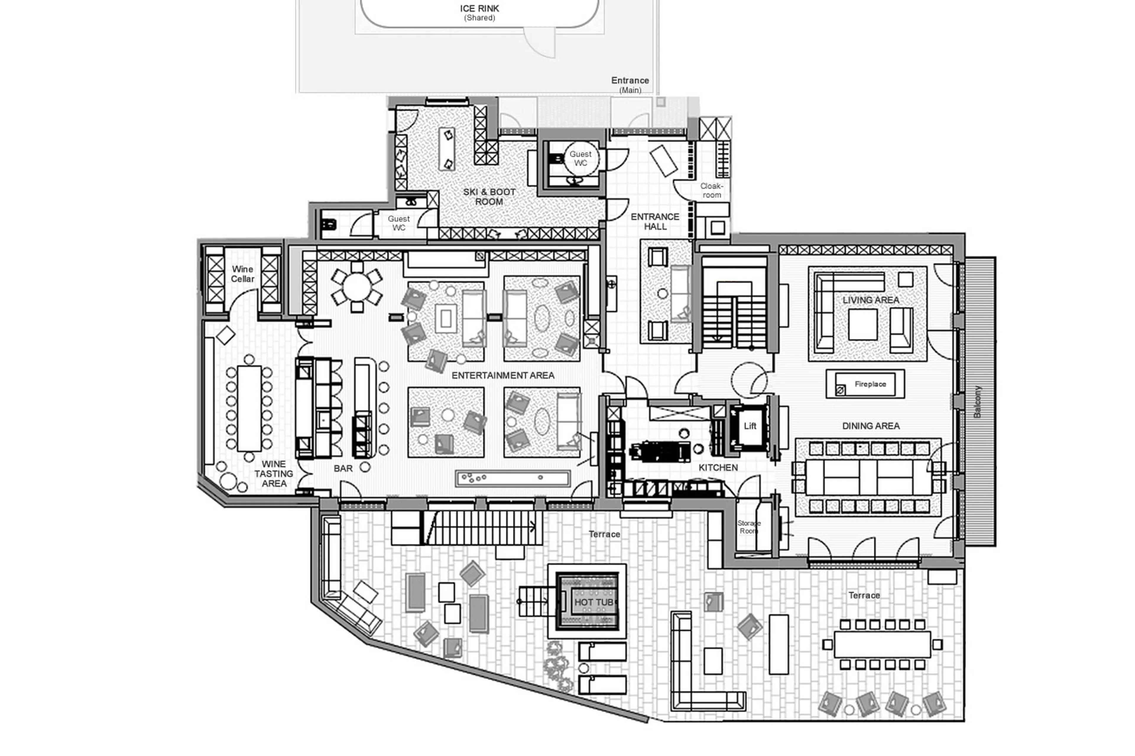 Level 0 floor plan of Chalet Arula 1 in Lech