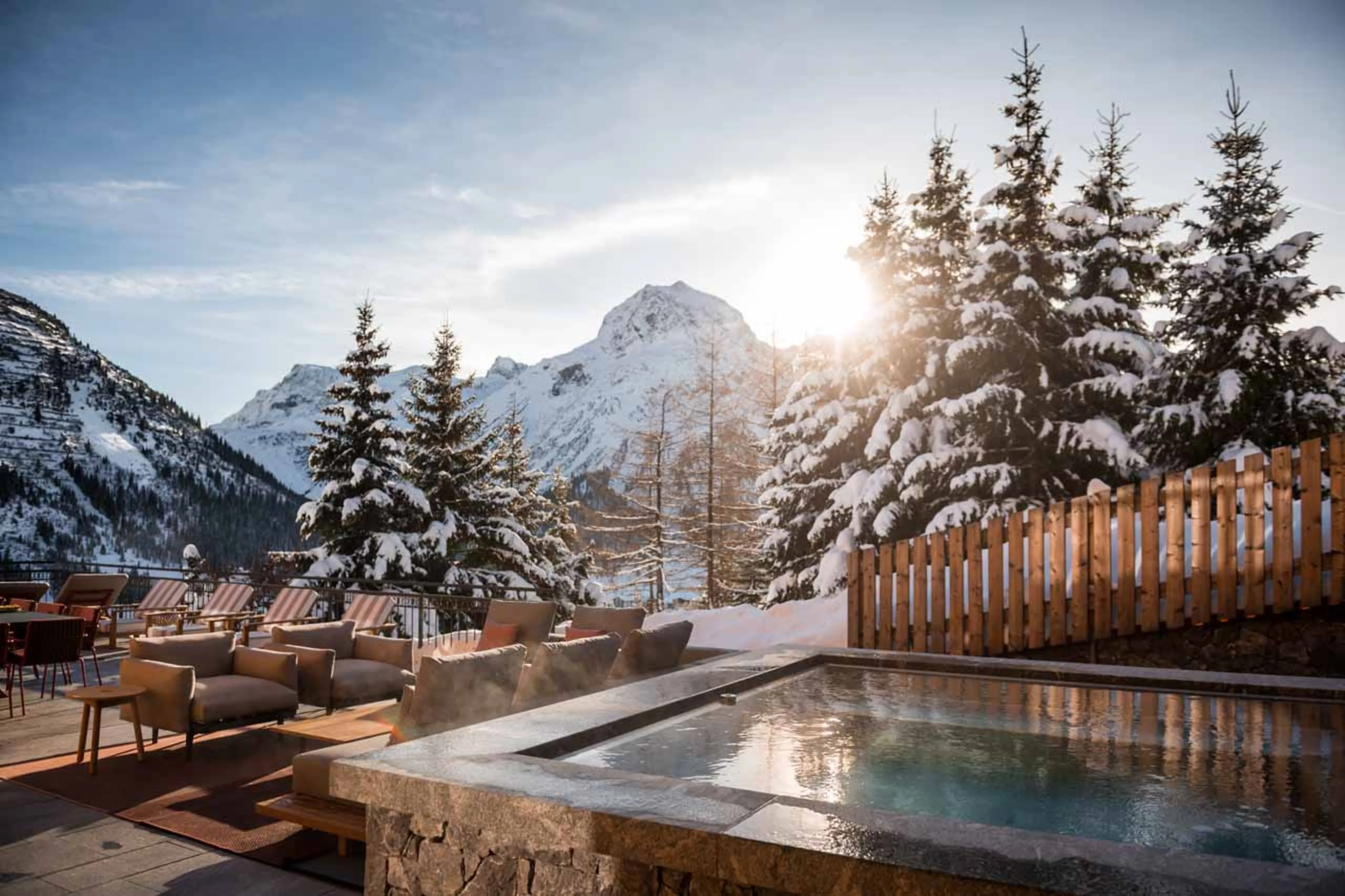 Mountain views from hot tub at Chalet Arula 1 in Lech