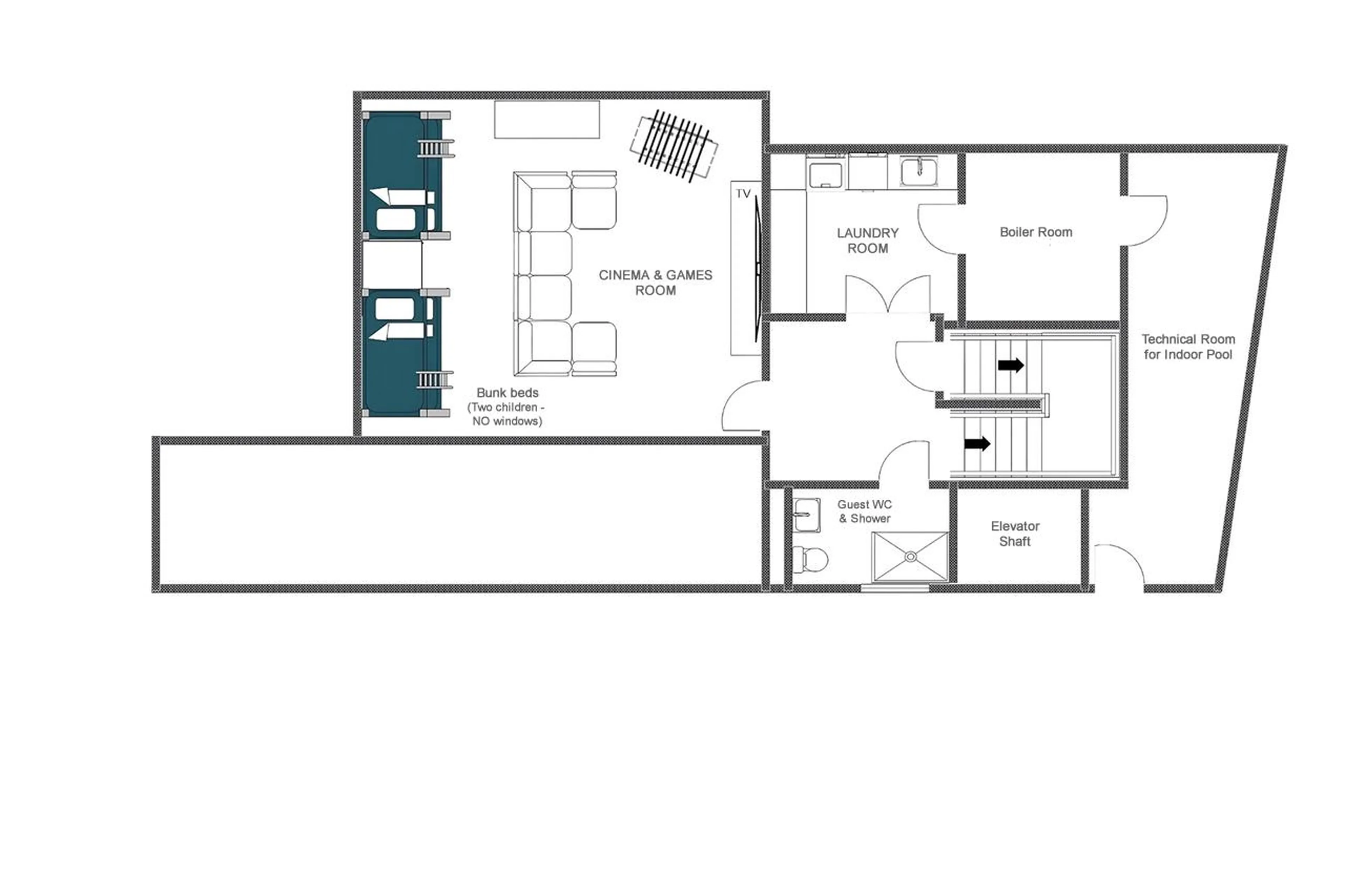 Level -1 floor plan of Chalet Ascensions in Courchevel 1650