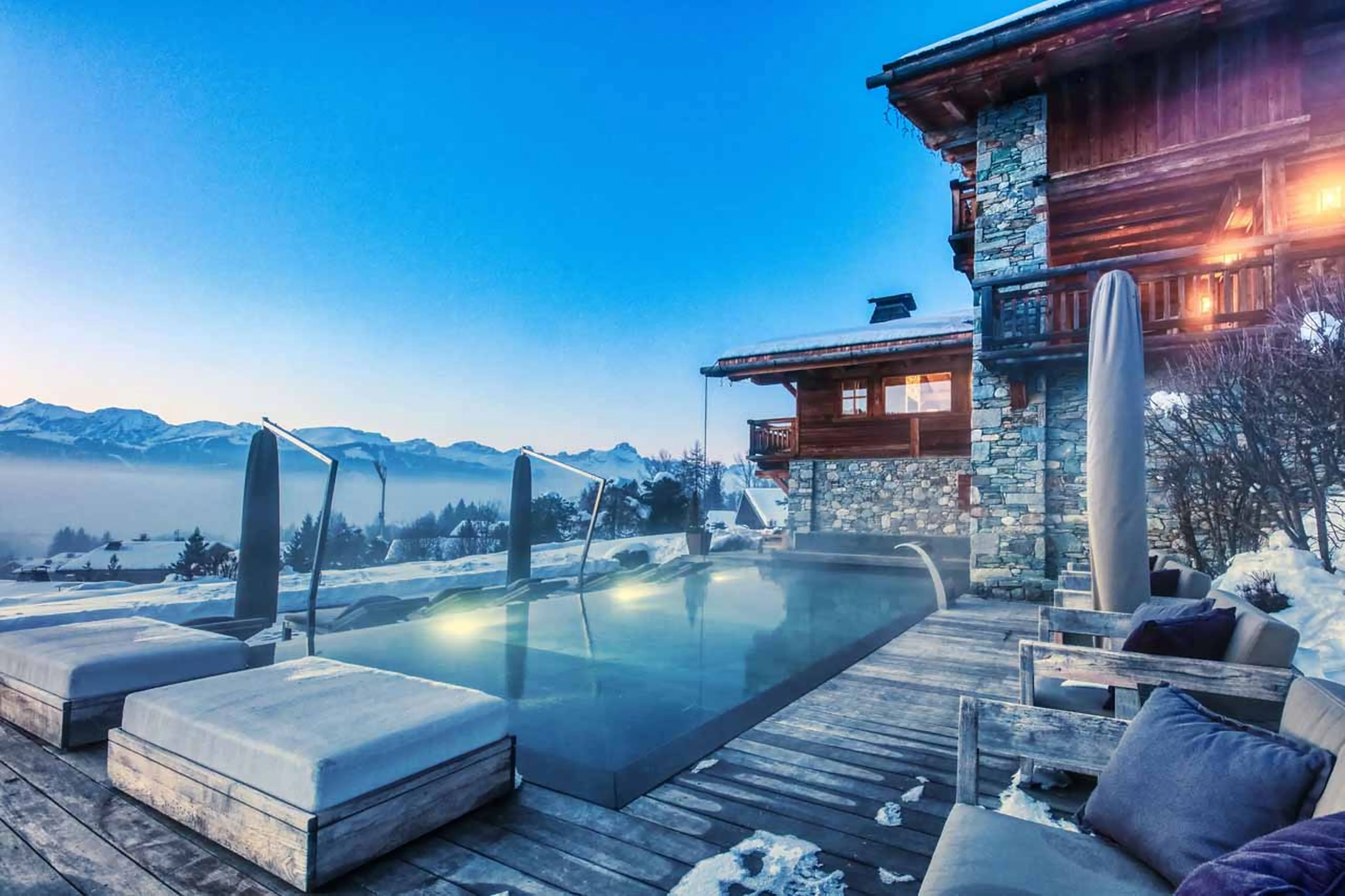 Pool in summer at Chalet Aspen in Megeve