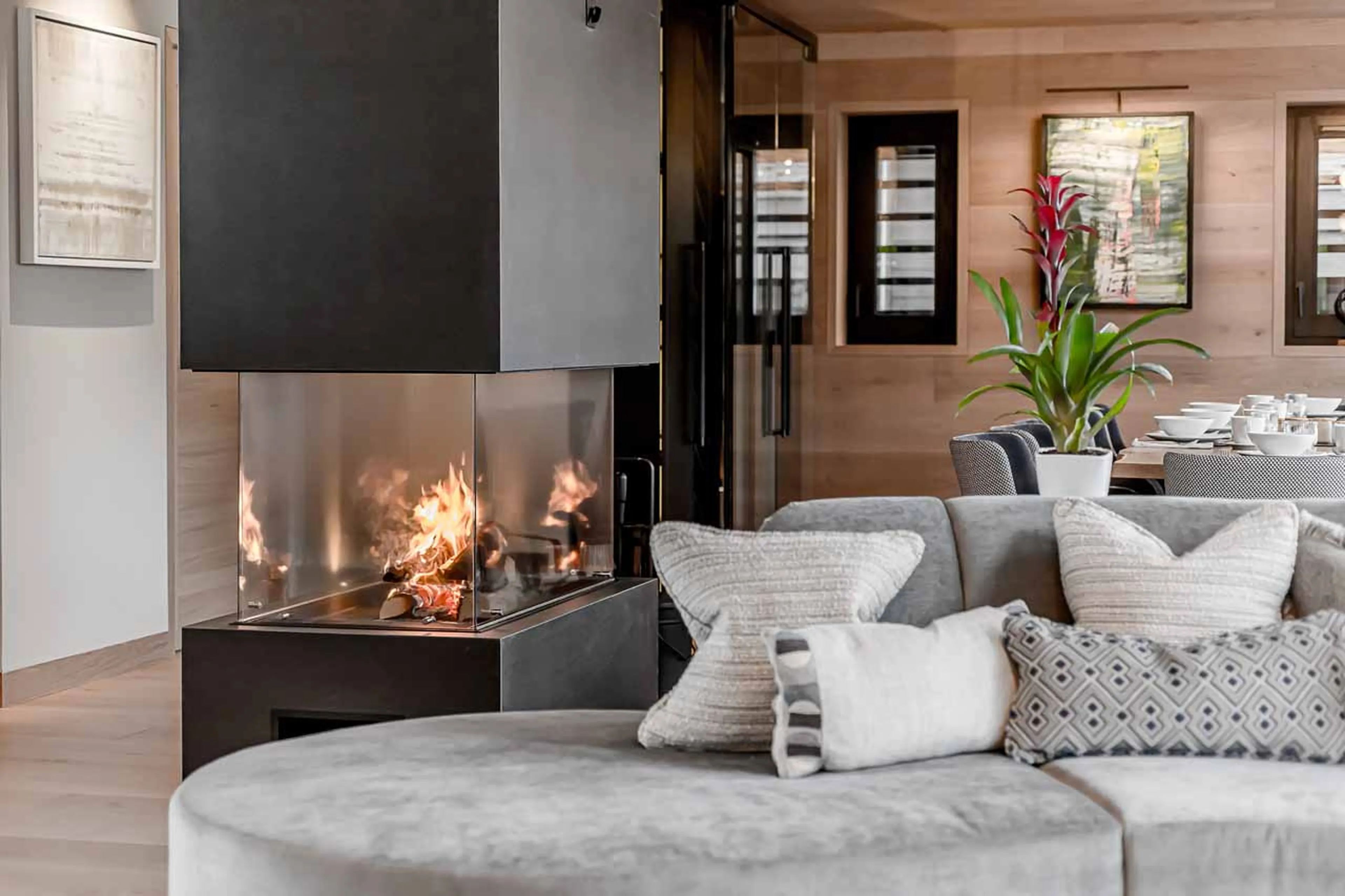 Fireplace in living area of Chalet Bacchus in Courchevel 1650