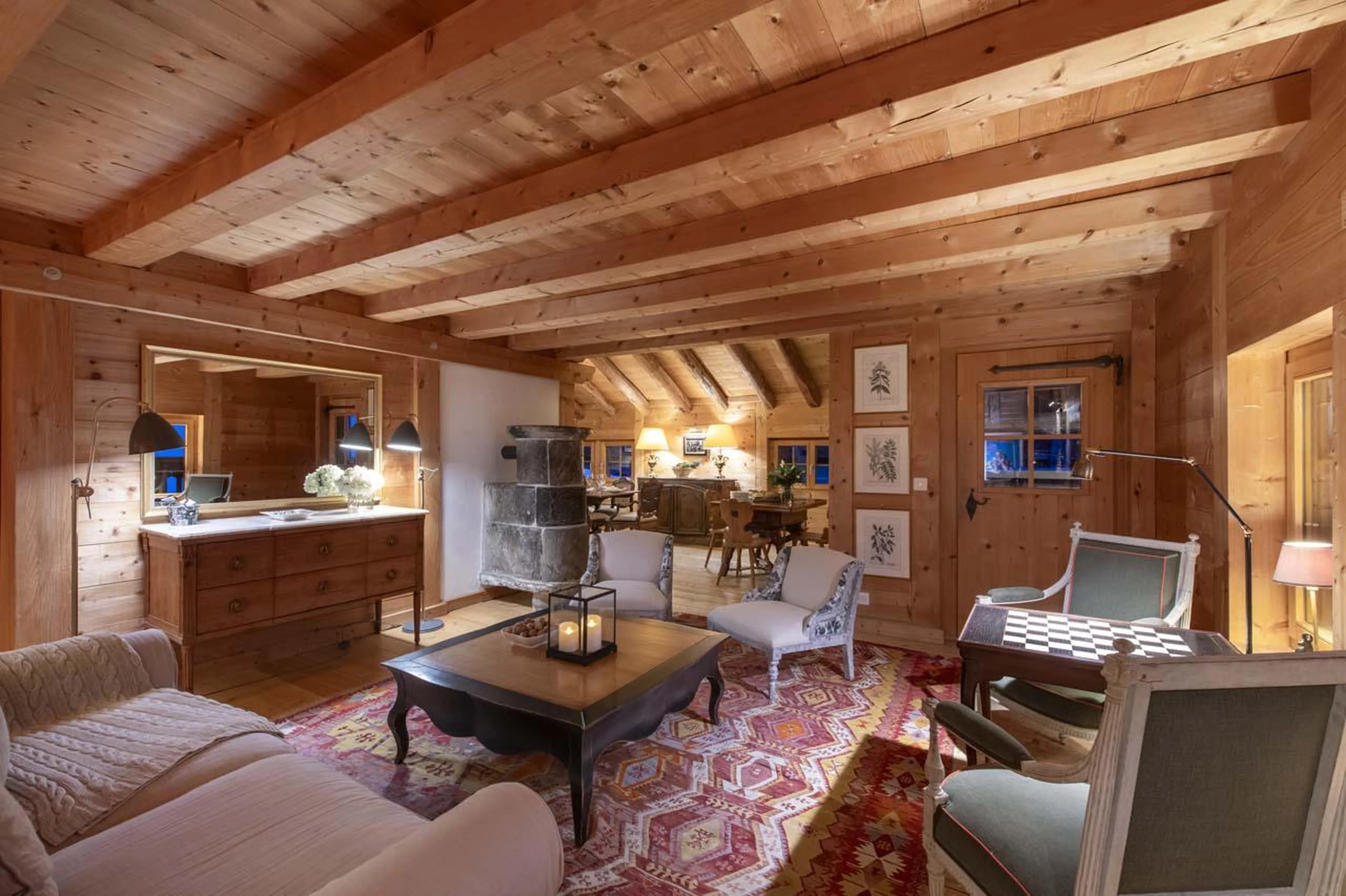 Plush seating with chess table at Chalet Bavaria in Verbier