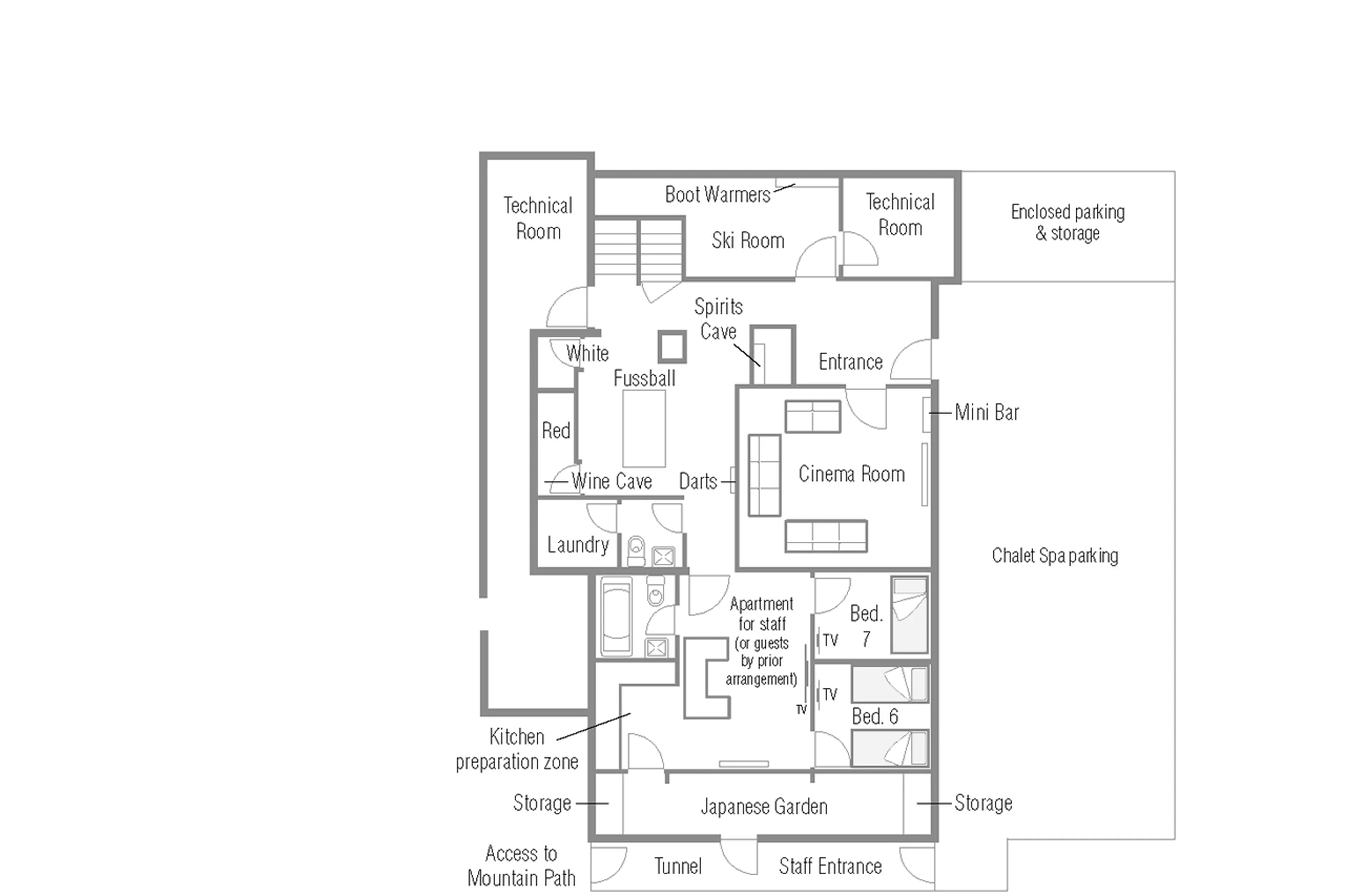 Level 0 floor plan of Chalet Belle Claire in Verbier