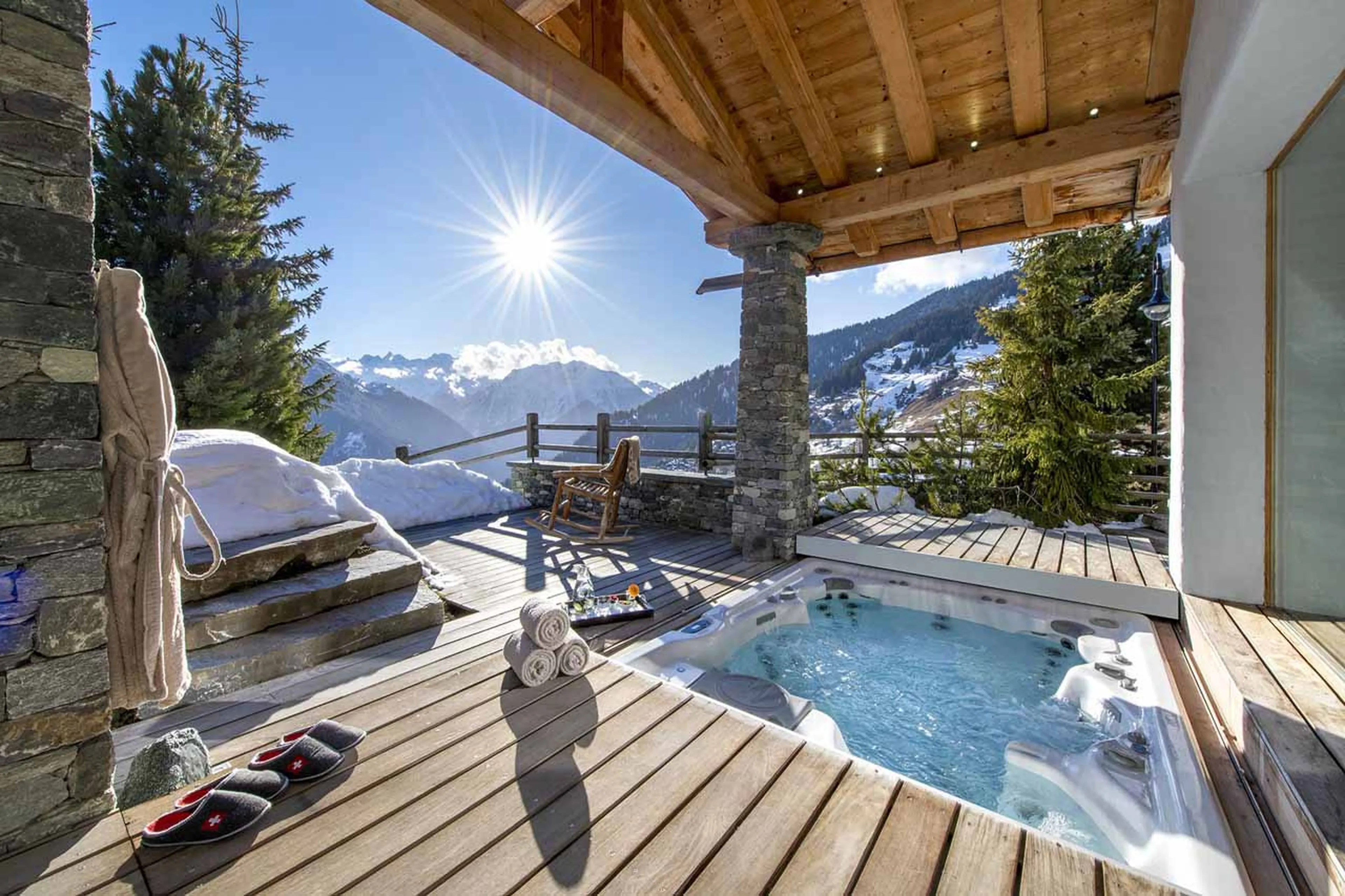 Mountain views from outdoor jacuzzi at Chalet Belle Claire in Verbier