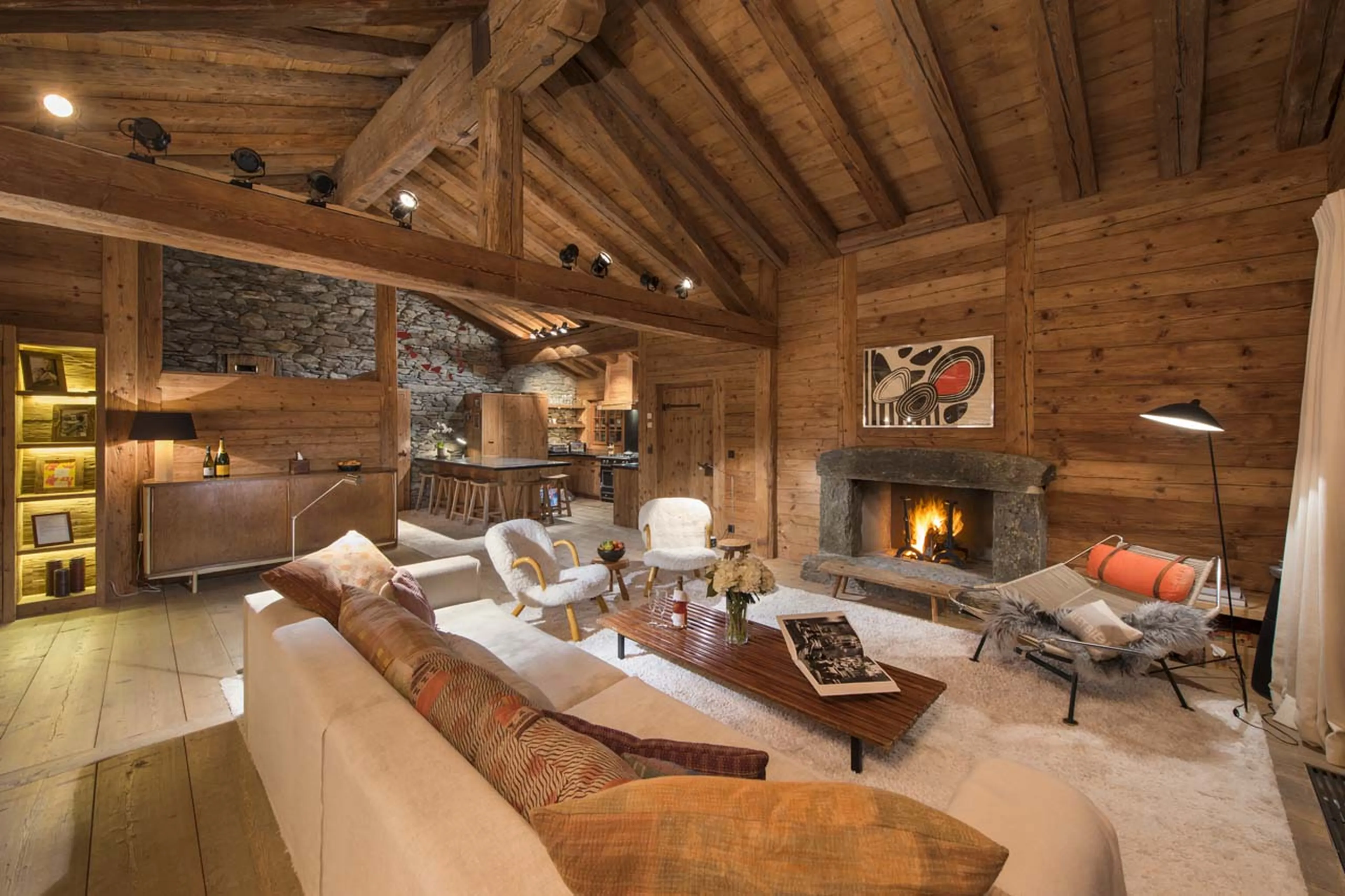 Kitchen and living area at Chalet Bibi in Verbier