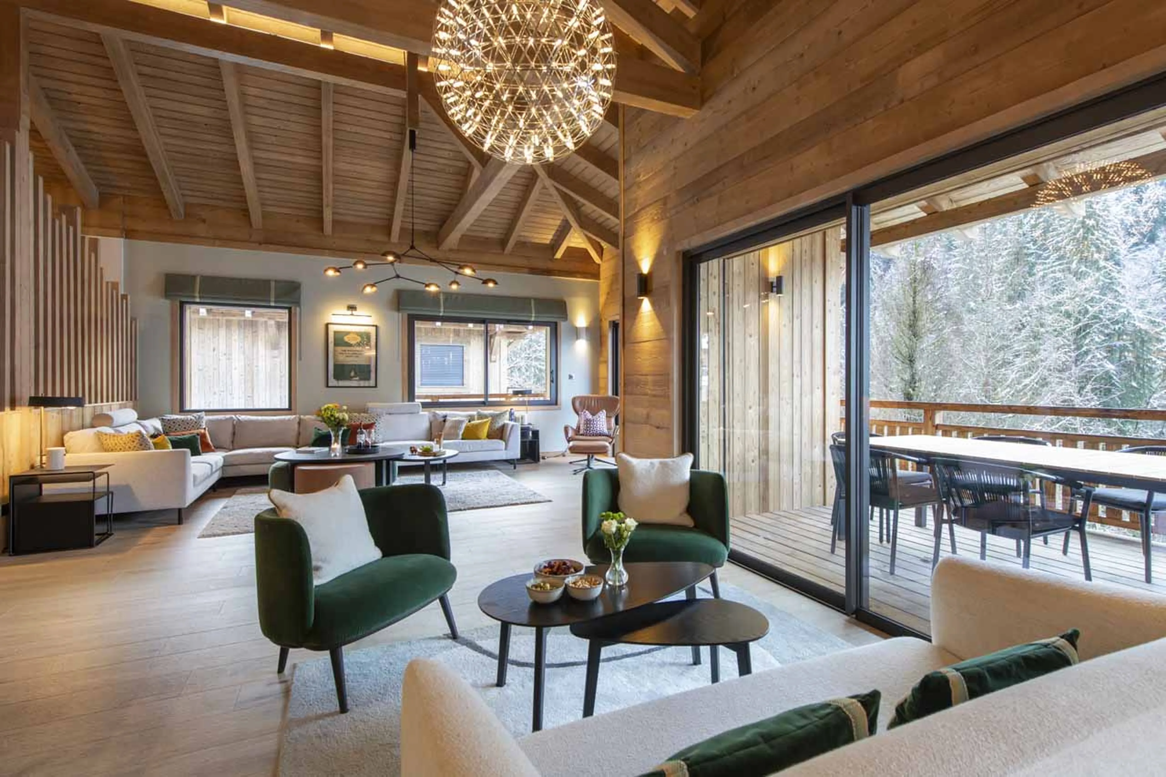 Open-plan living area in Chalet Cascades, Morzine