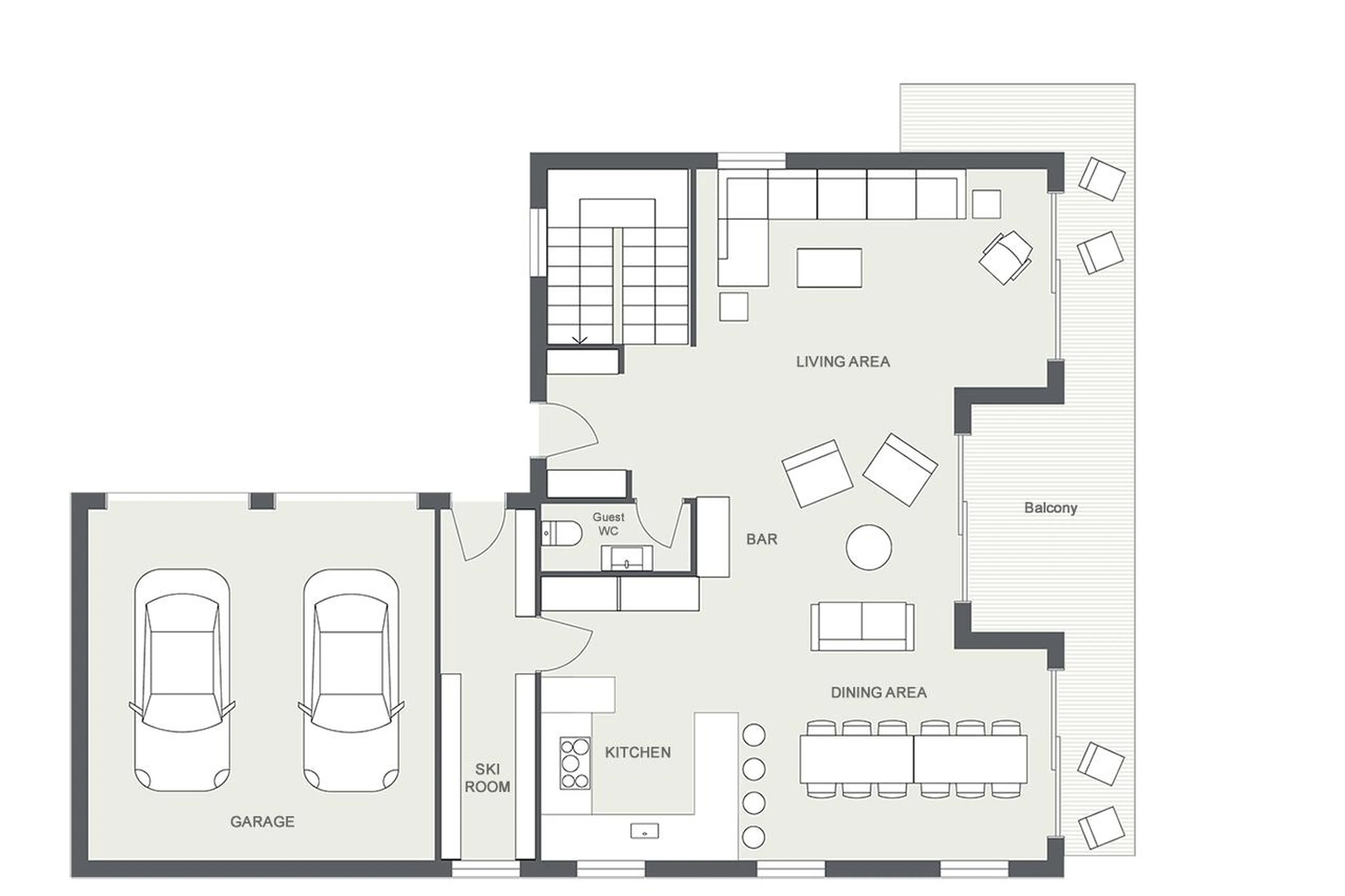 Level 0 floor plan of Chalet Cascades in Morzine
