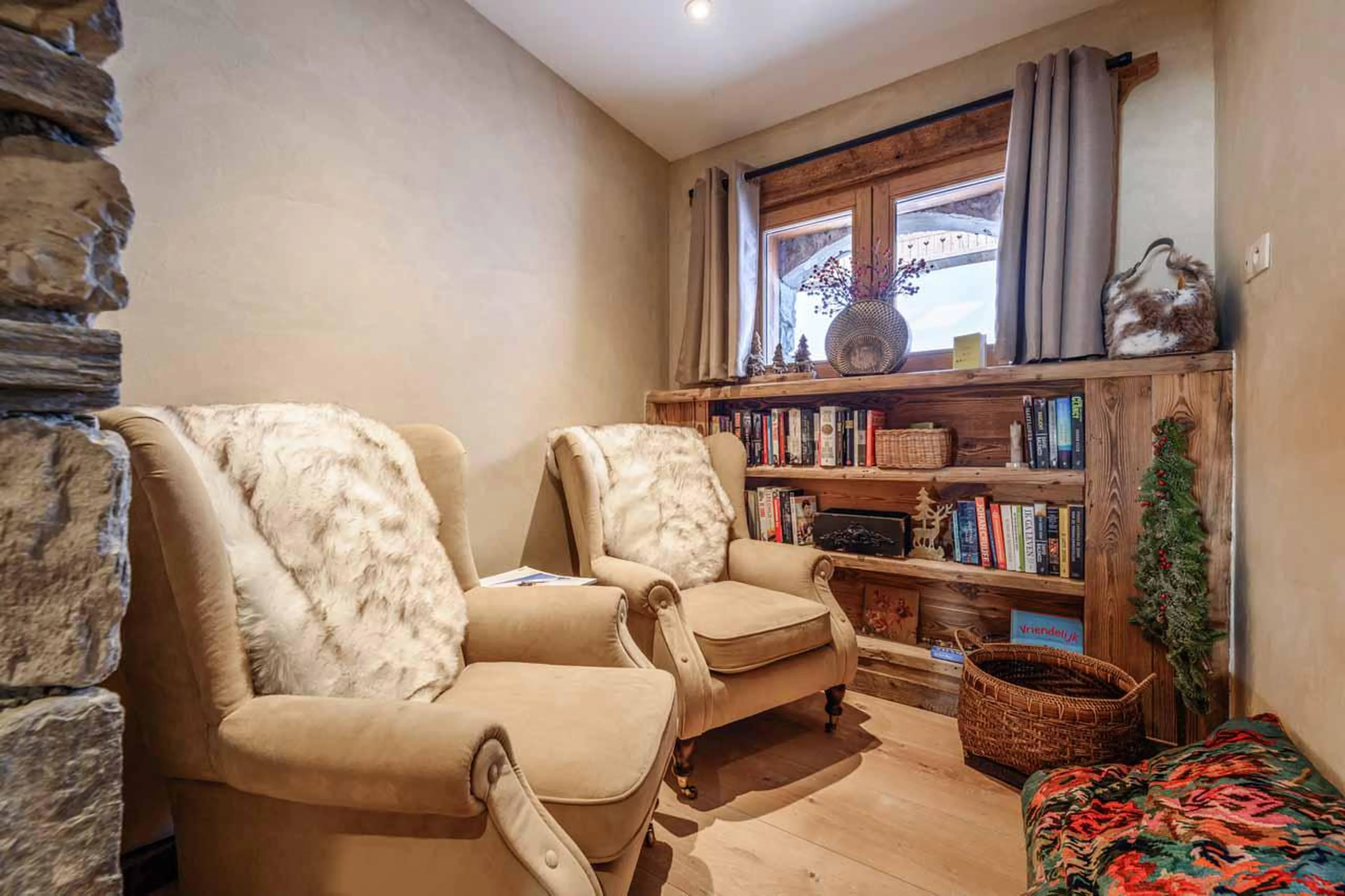 Reading corner at Chalet Cheval Blanc in Meribel