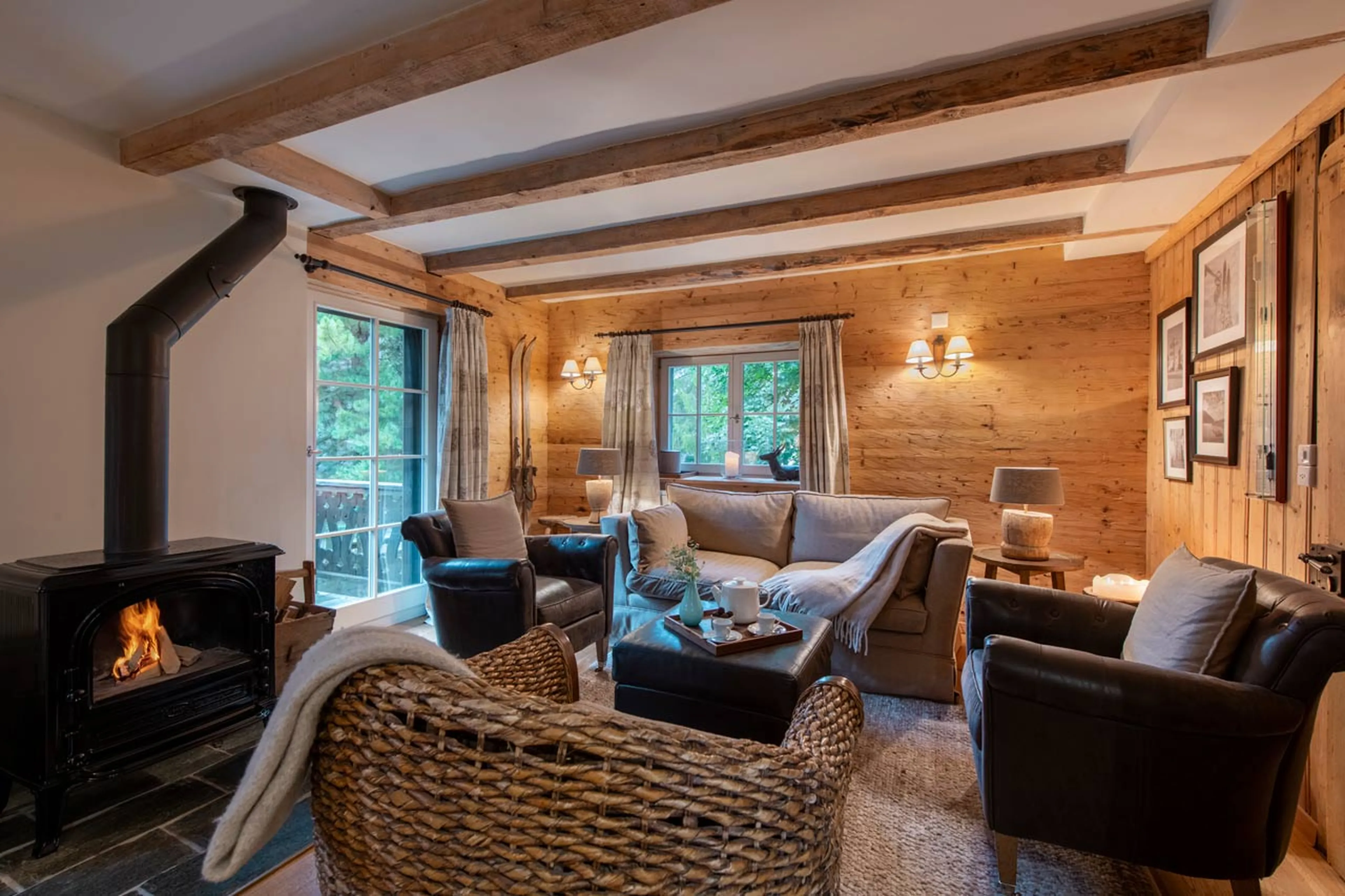 Wood-burning stove at Chalet Chocolate Box in Davos