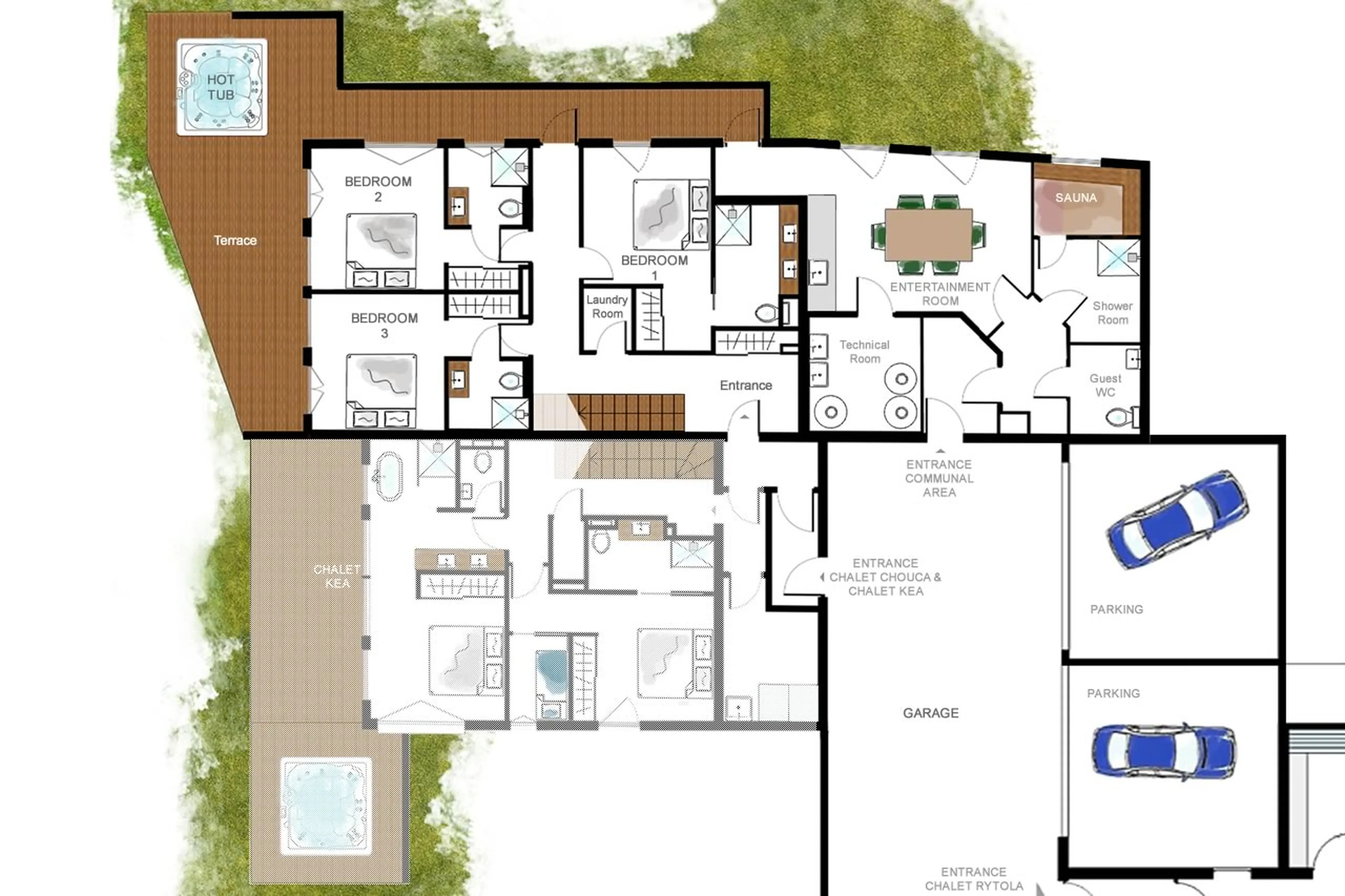 Lower level floor plan of Chalet Chouca in Chamonix