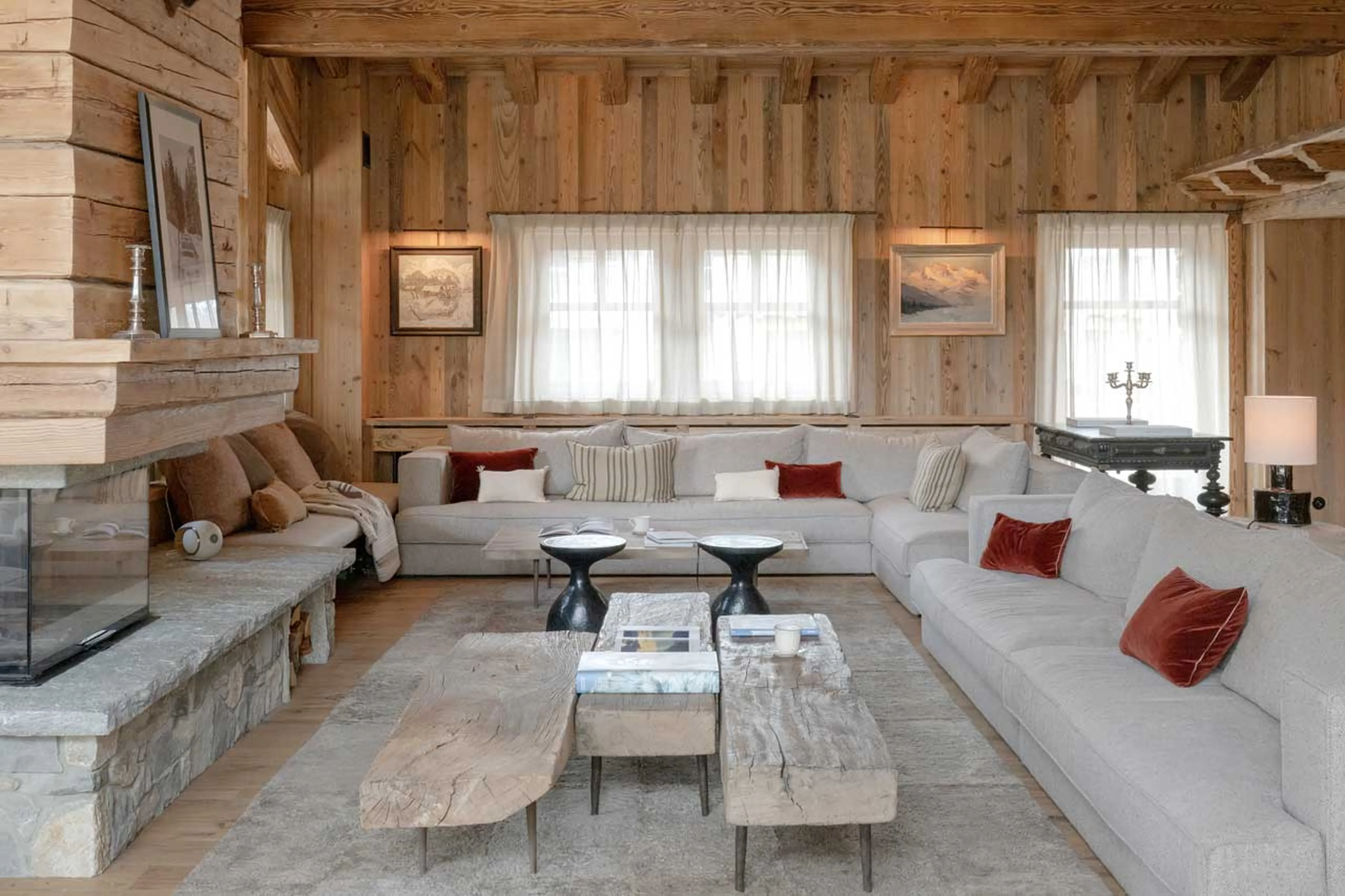 Living area sofas at Chalet Col Pers in Val d'Isere