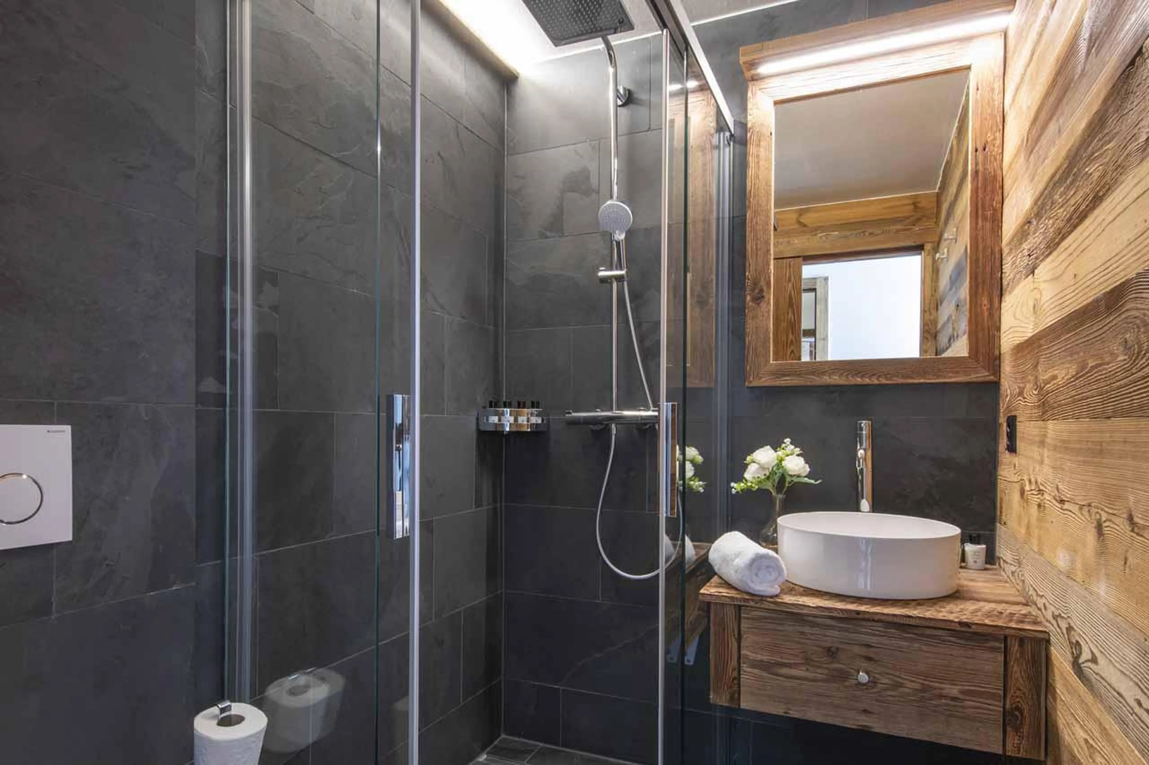 En-suite shower room at Chalet Cortil in Verbier
