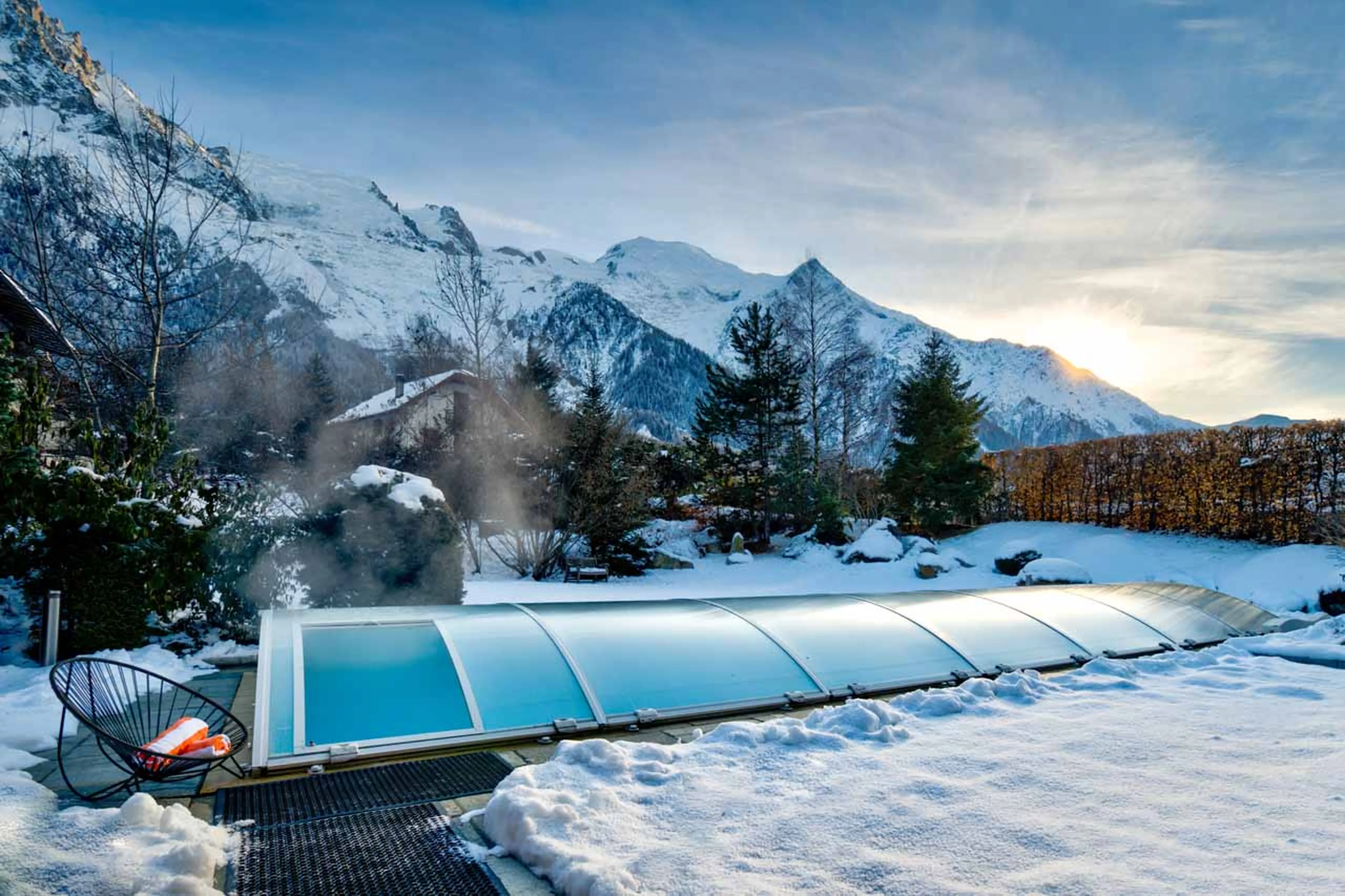 Pool covered with the hard shell roof at Chalet Couttet in Chamonix