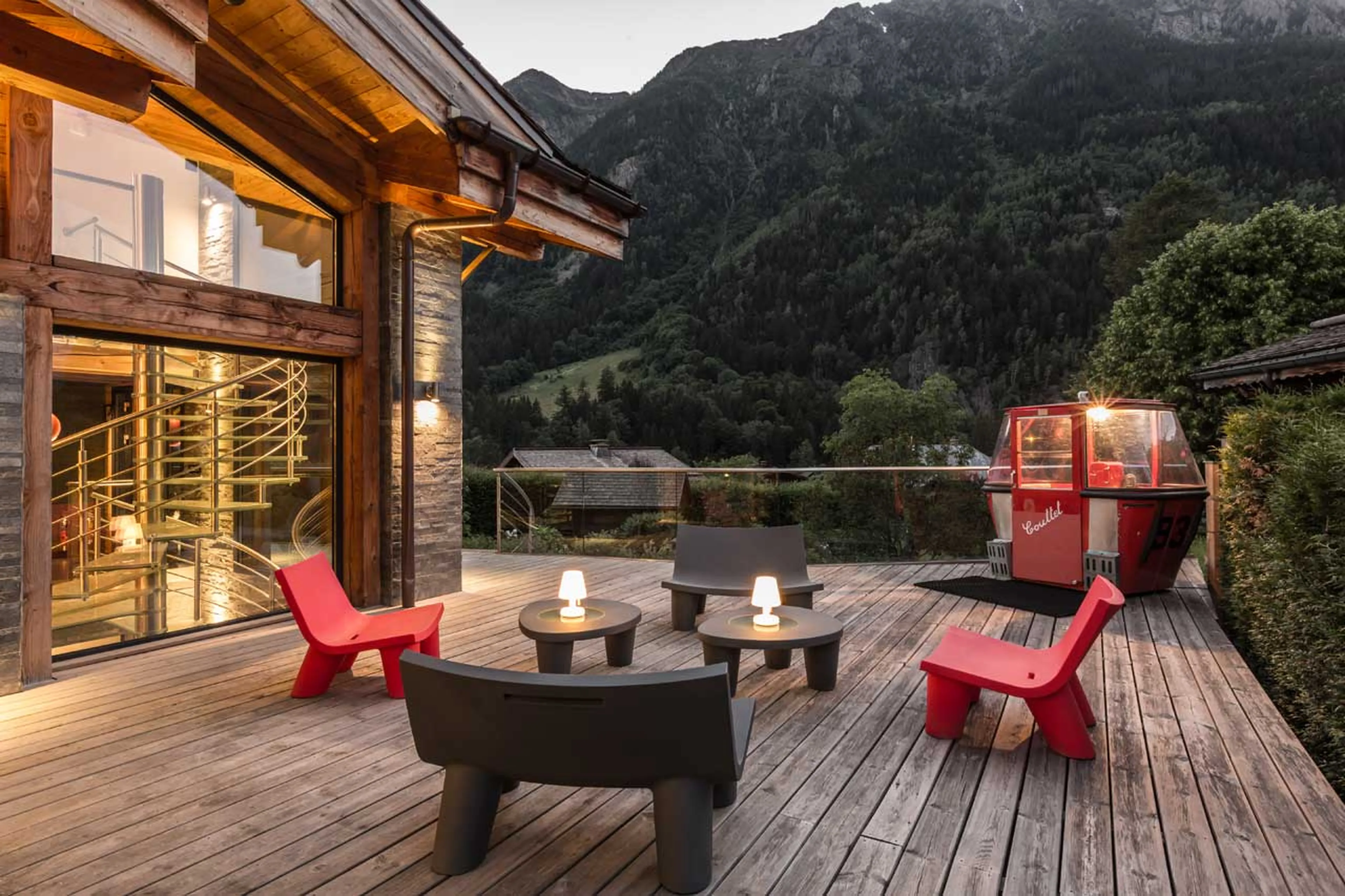 Gondola on terrace at Chalet Couttet in Chamonix