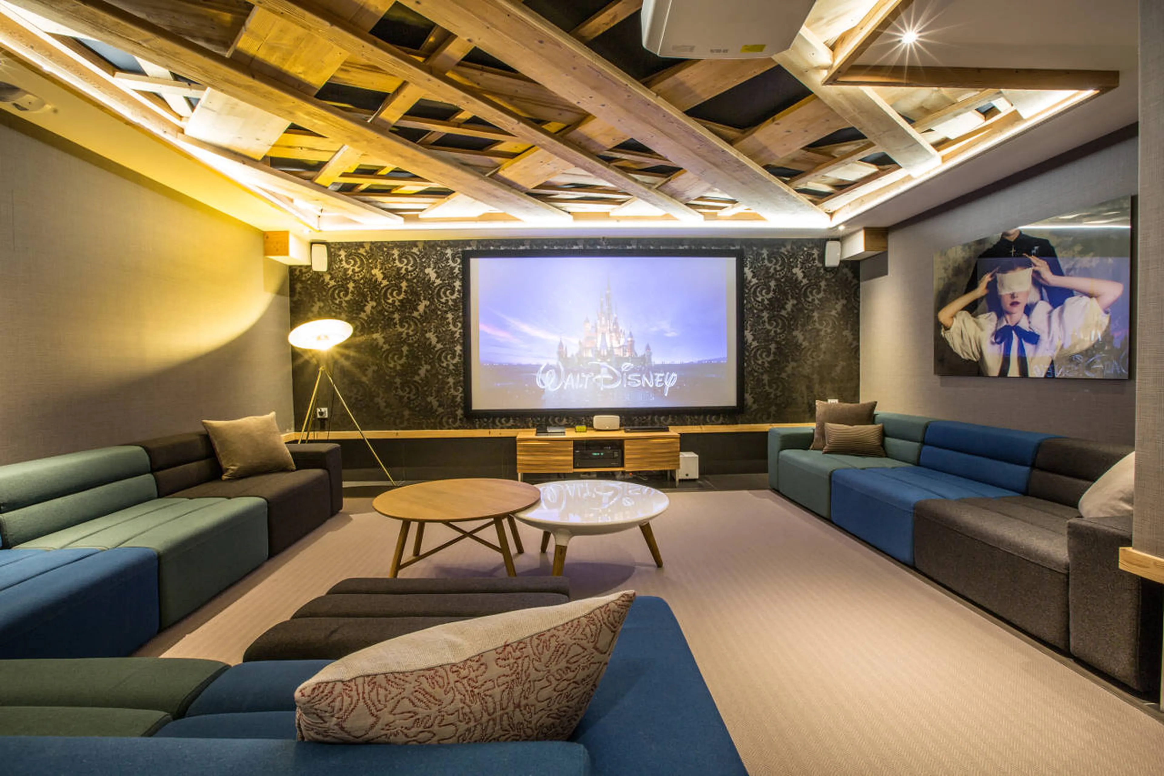 Big screen in cinema room in Chalet Dalmore in Chamonix