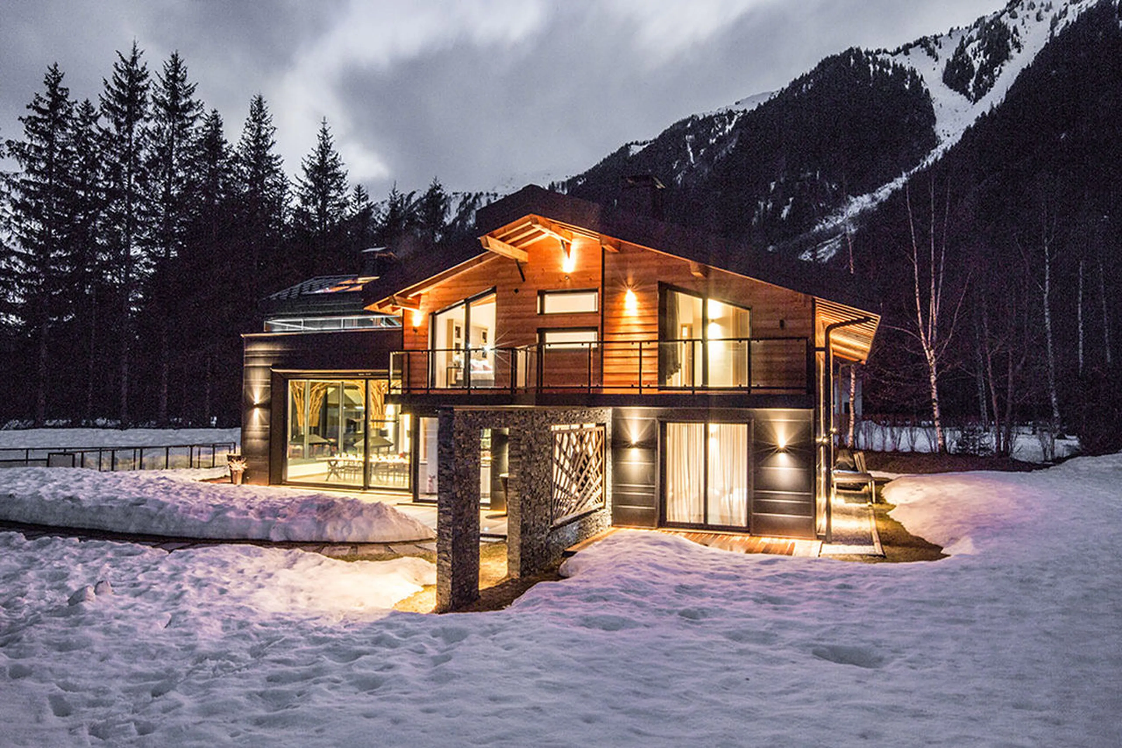 Exterior at night of Chalet Dalmore in Chamonix