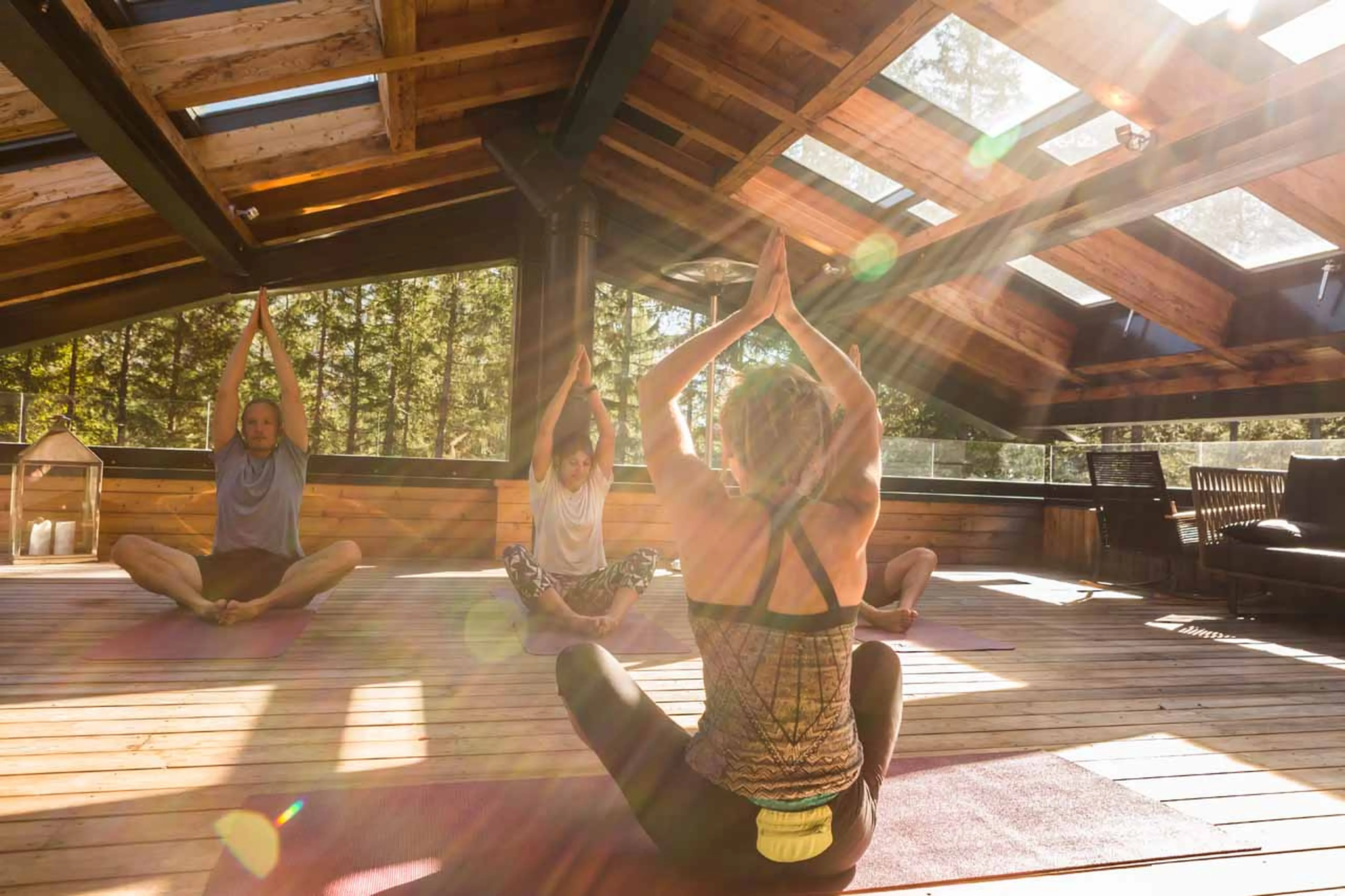 Yoga on roof terrace at Chalet Dalmore in Chamonix in summer