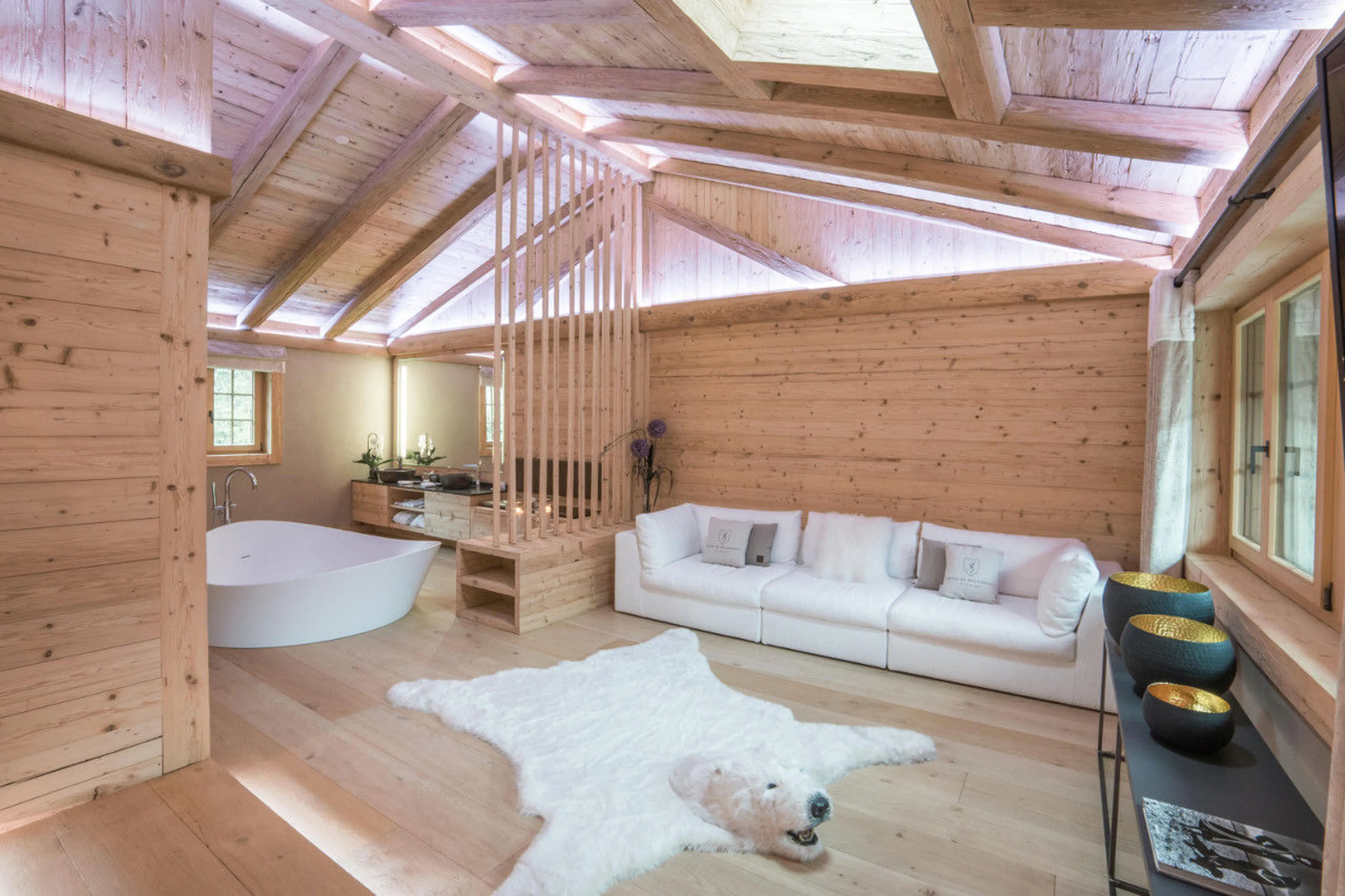 Lounge area in master suite of Chalet de Rougemont in Gstaad