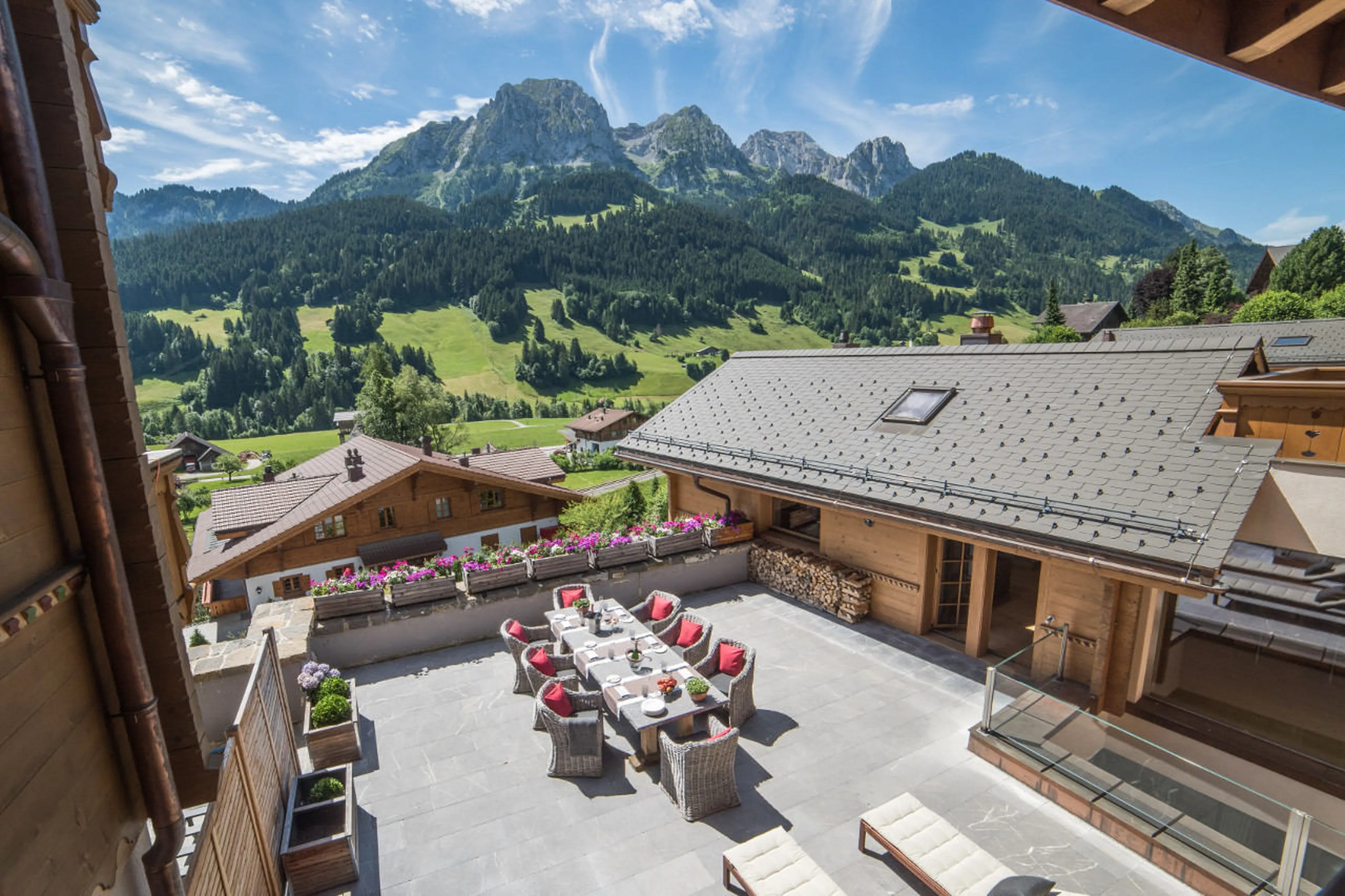 Superb view of mountains from terraces of Chalet de Rougemont in Gstaad