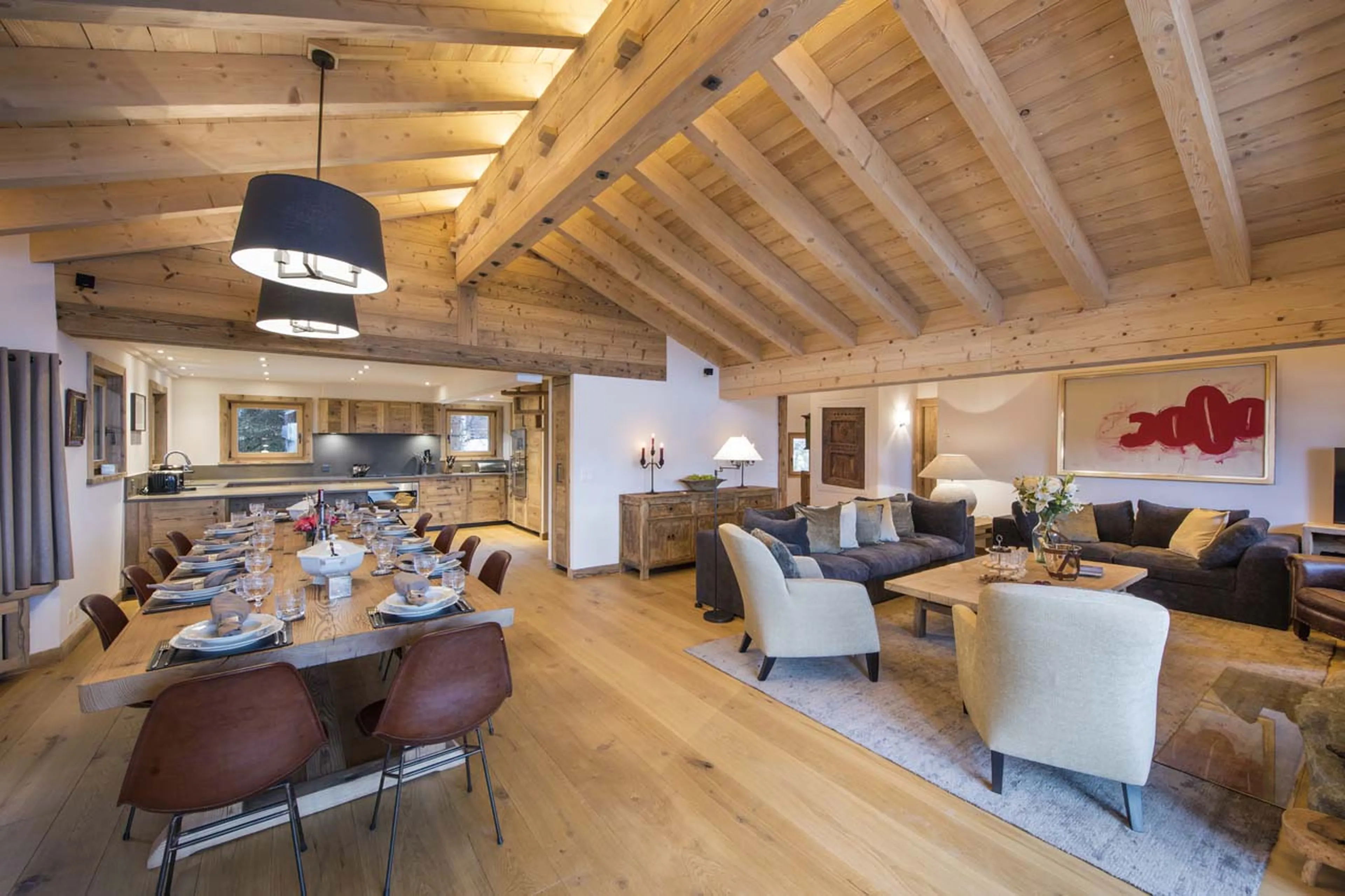 Open plan living at Chalet Delormes in Verbier