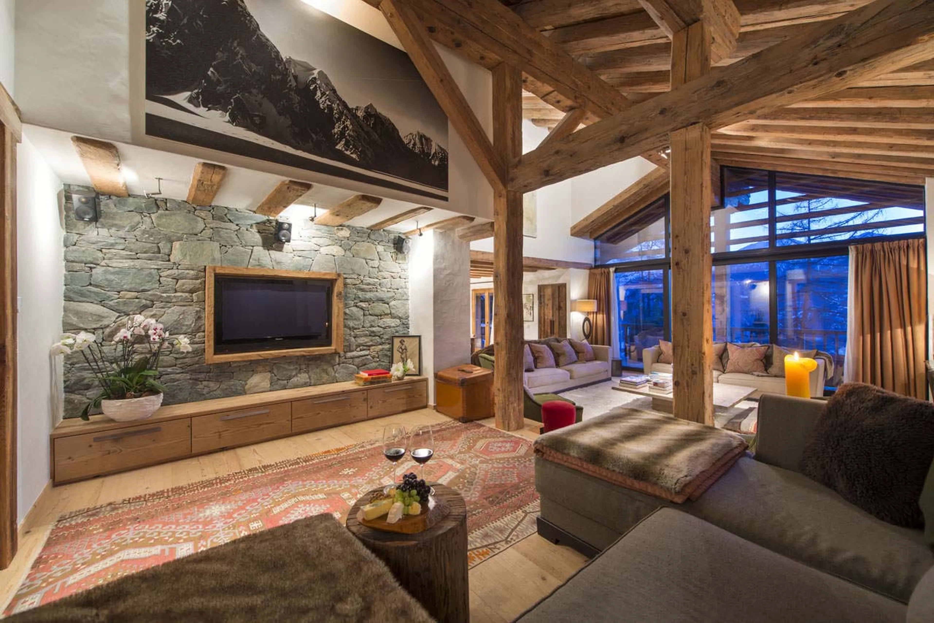 TV area in open plan living room of  Chalet Dent Blanche in Verbier