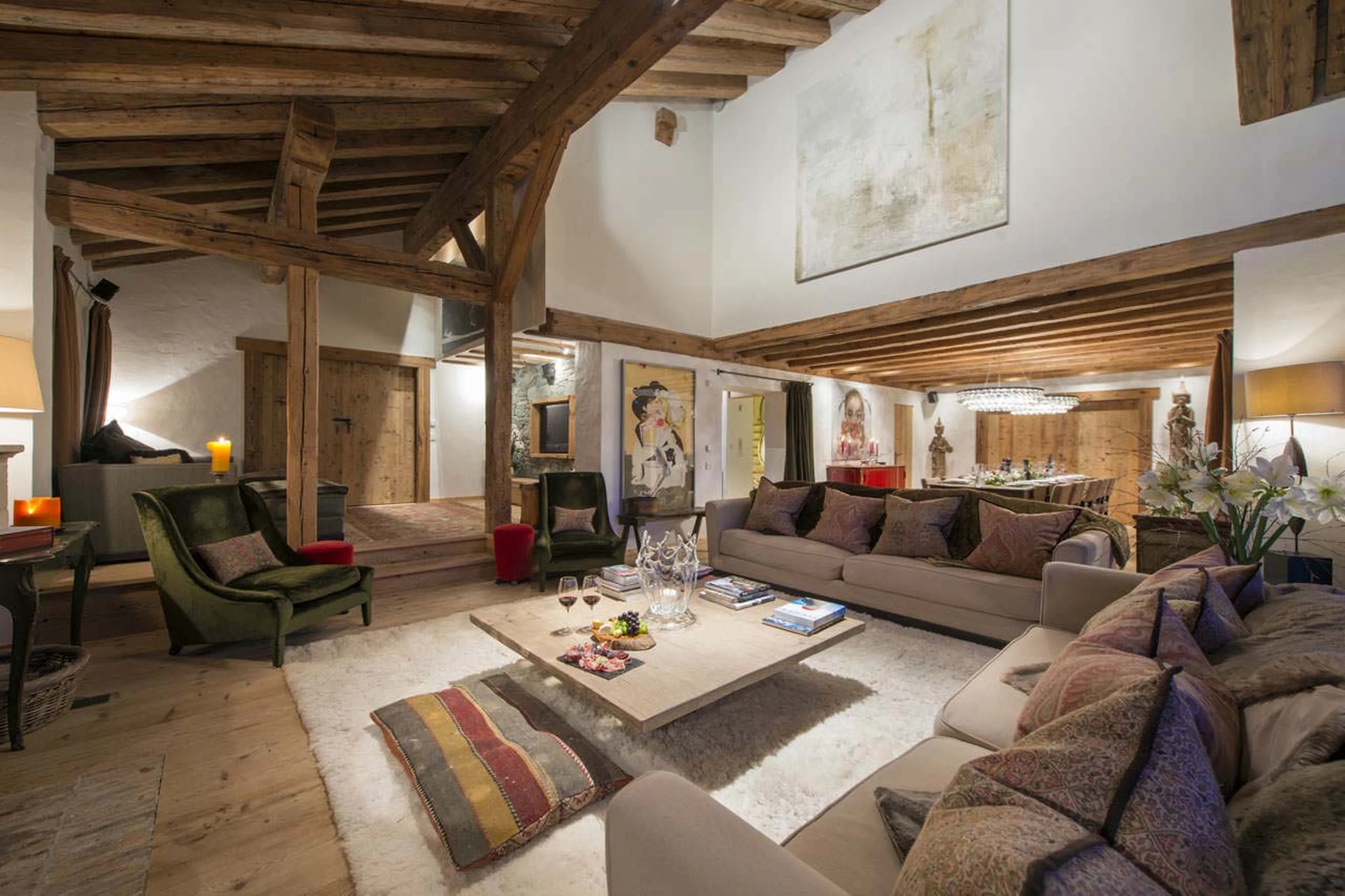 Open plan living and dining area at  Chalet Dent Blanche in Verbier