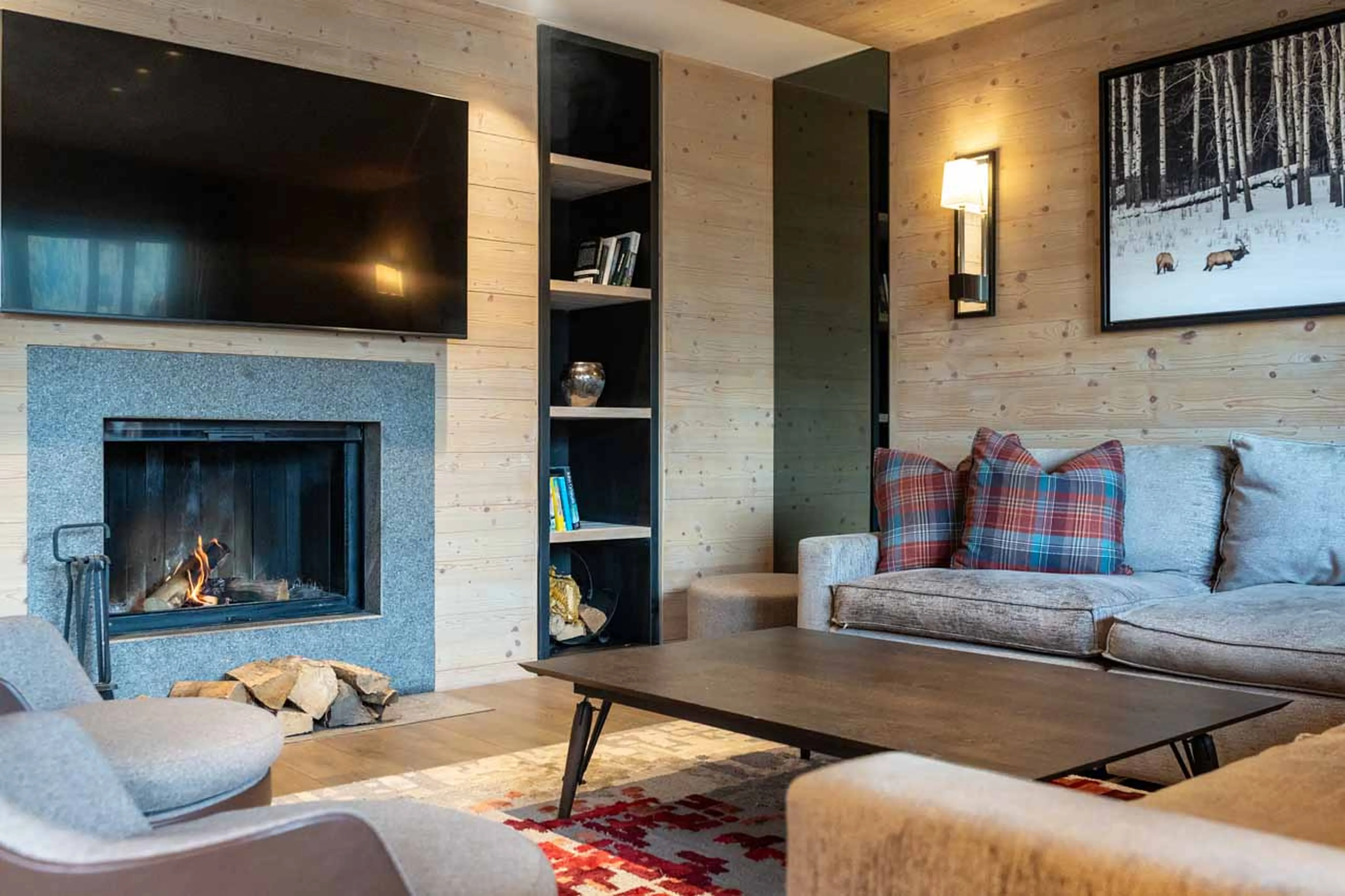 Living area fireplace at Apartment Doron in Meribel