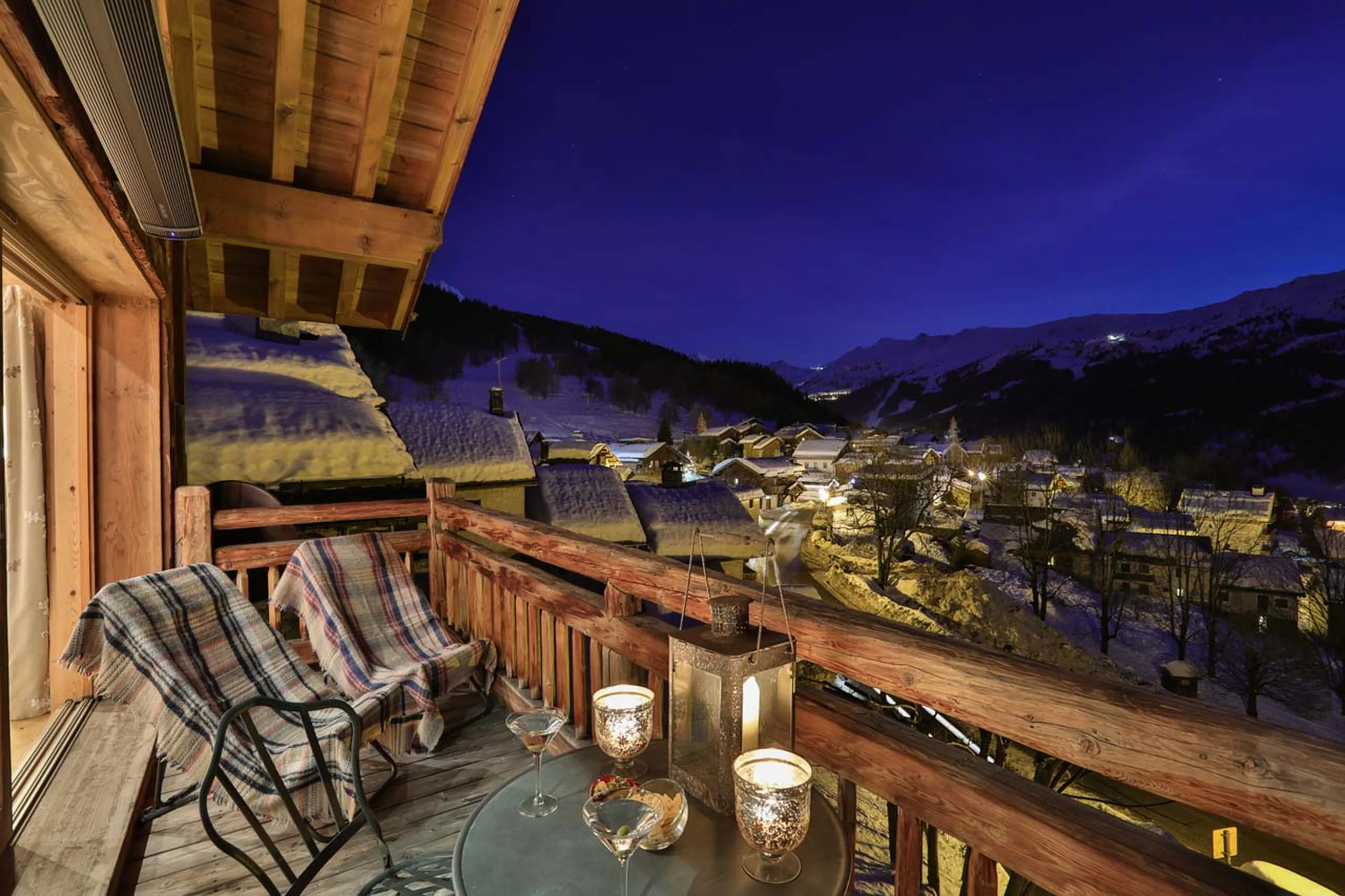 Balcony views at night from Chalet du Vallon in Meribel