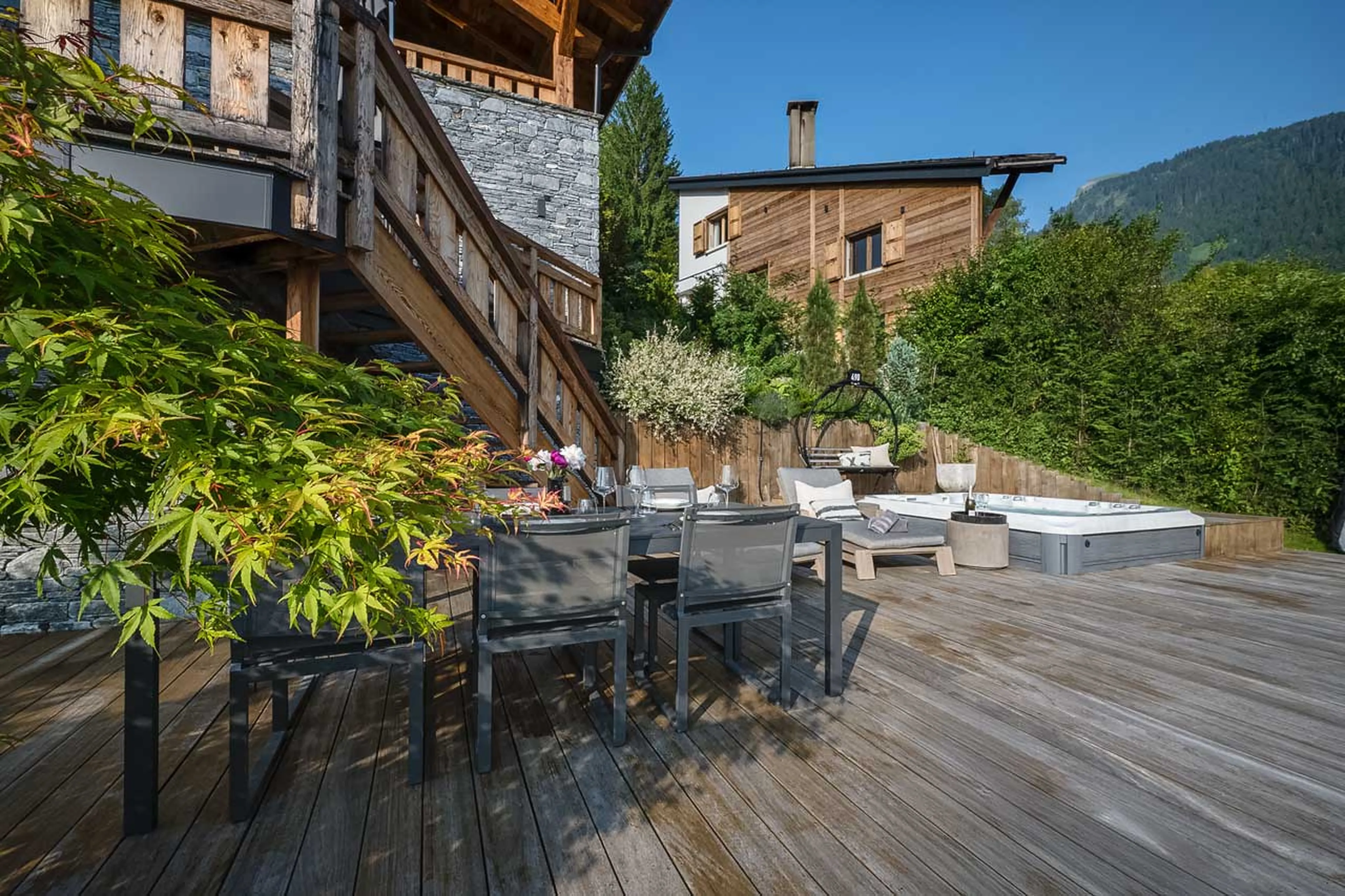 Terrace with hot tub at Chalet Ecliptique in Morzine