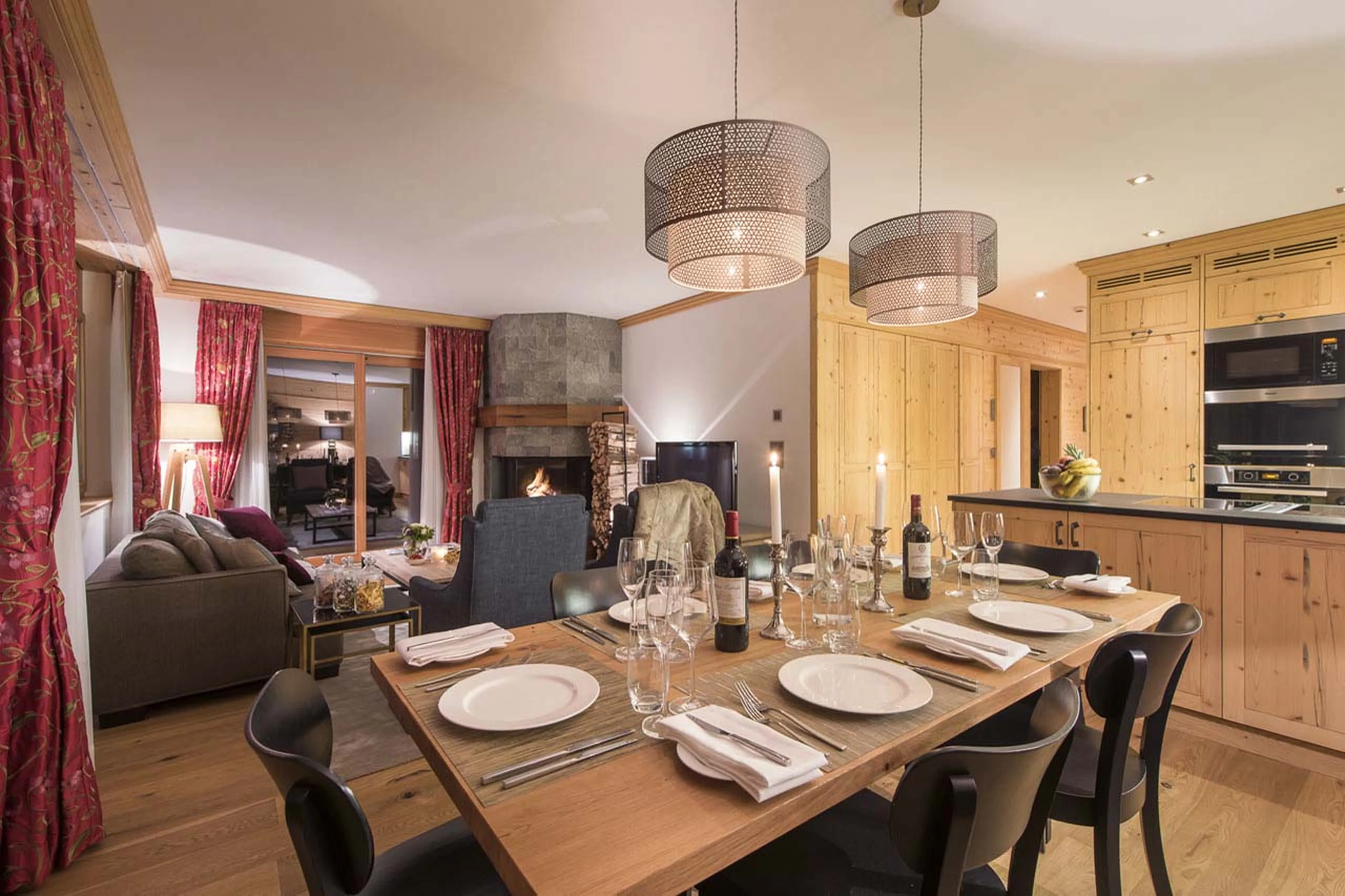 Dining area at night of Chalet Elena in Zermatt