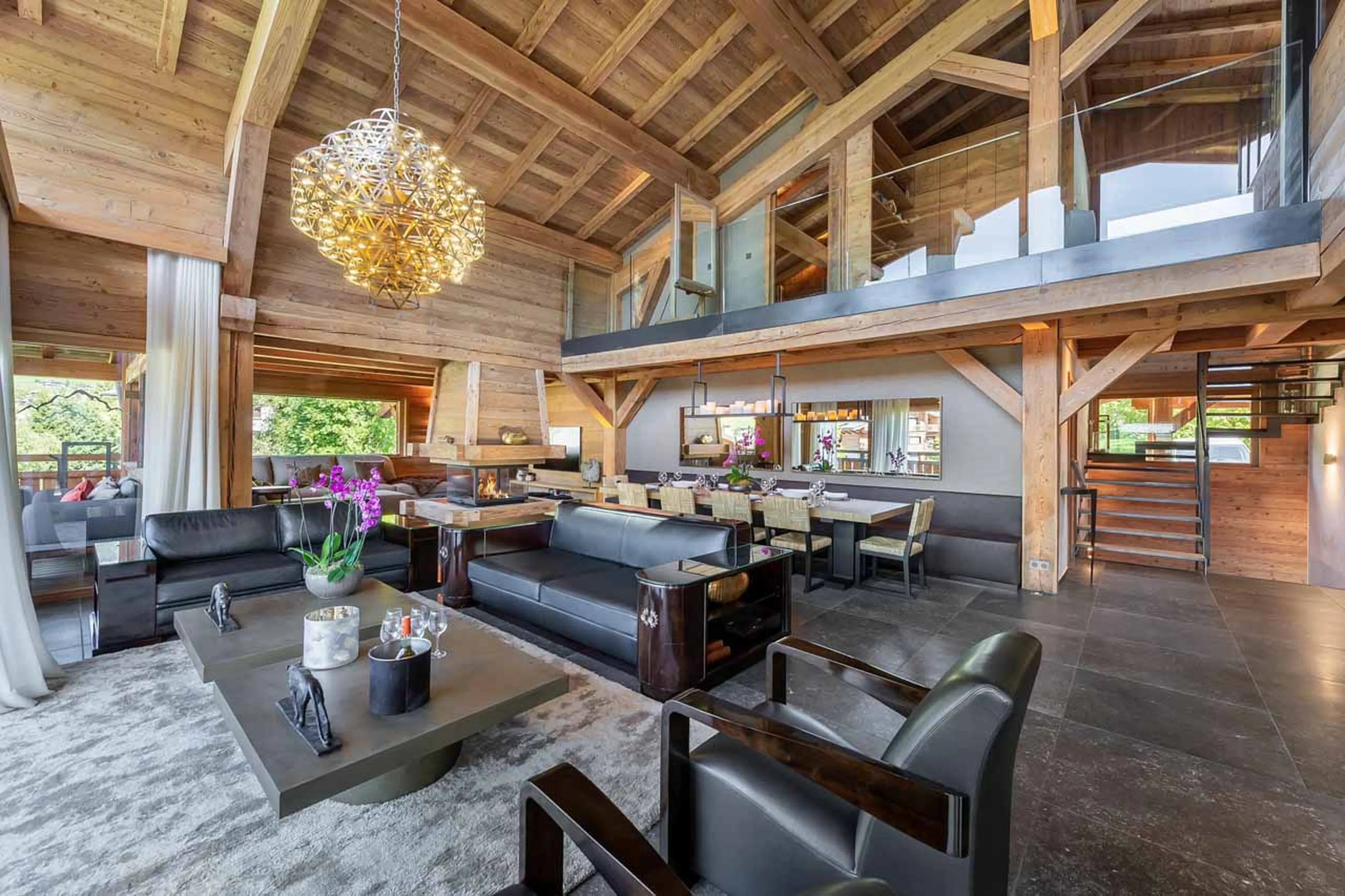 Open plan drawing room and dining room at Chalet Eraldo in Megeve