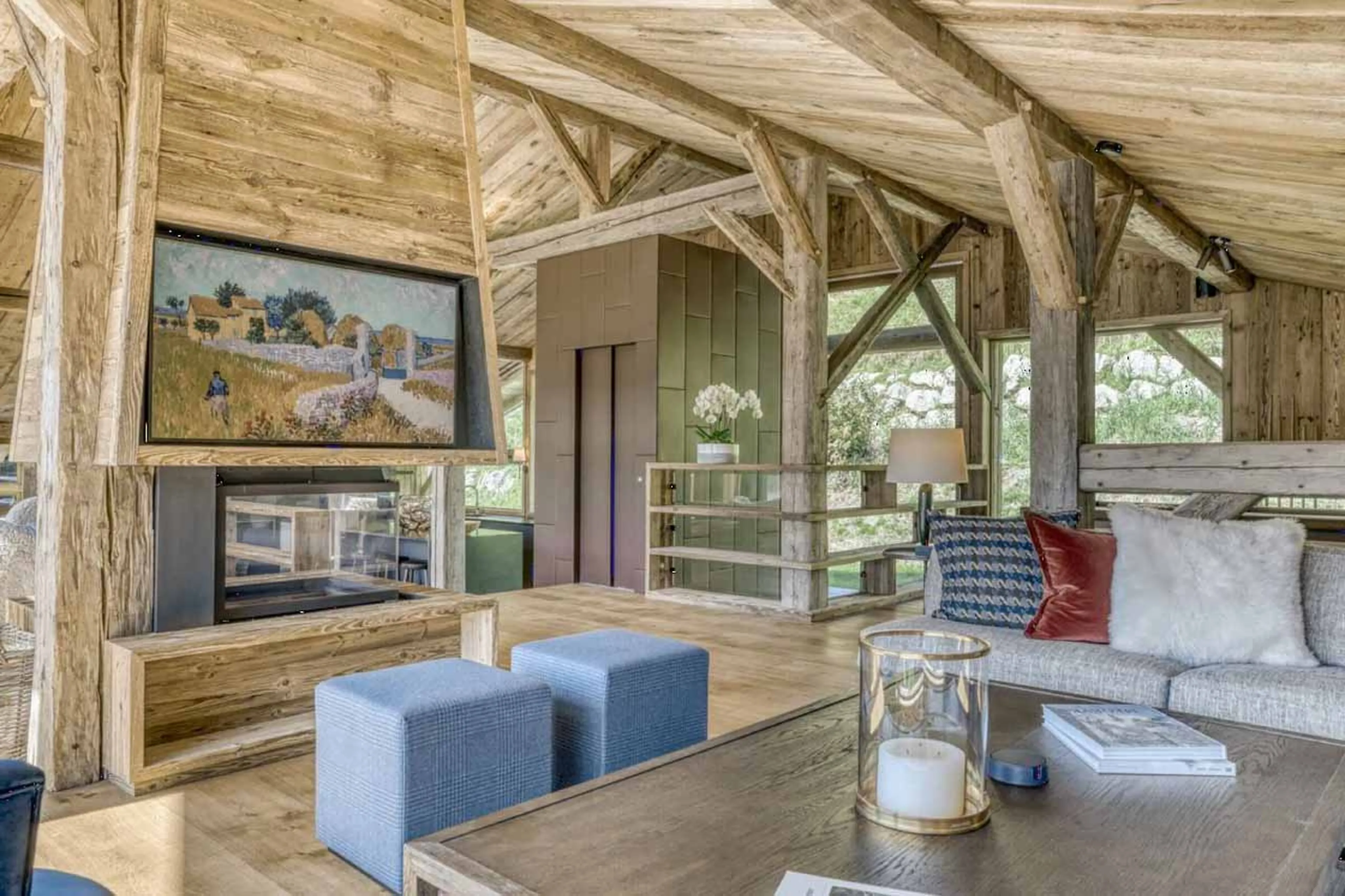 Living area fireplace at Chalet Etoile du Nord in Megeve