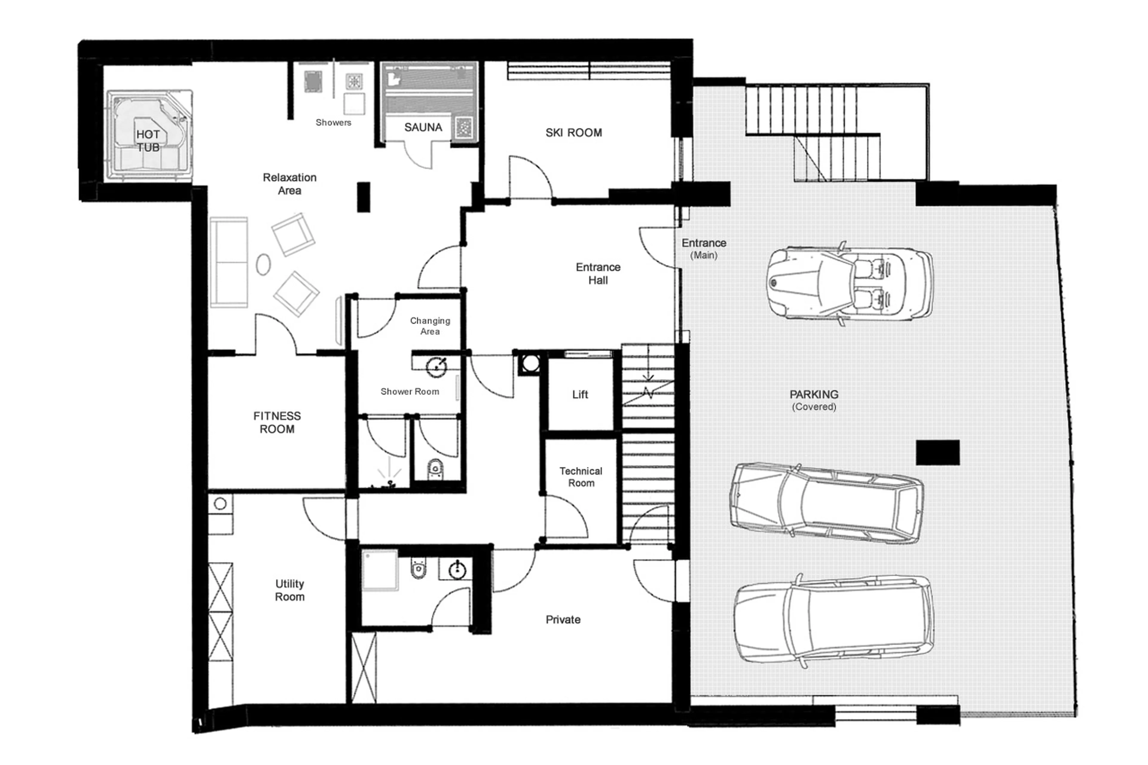 Level 0 floor plan of Chalet Falcon in Lech