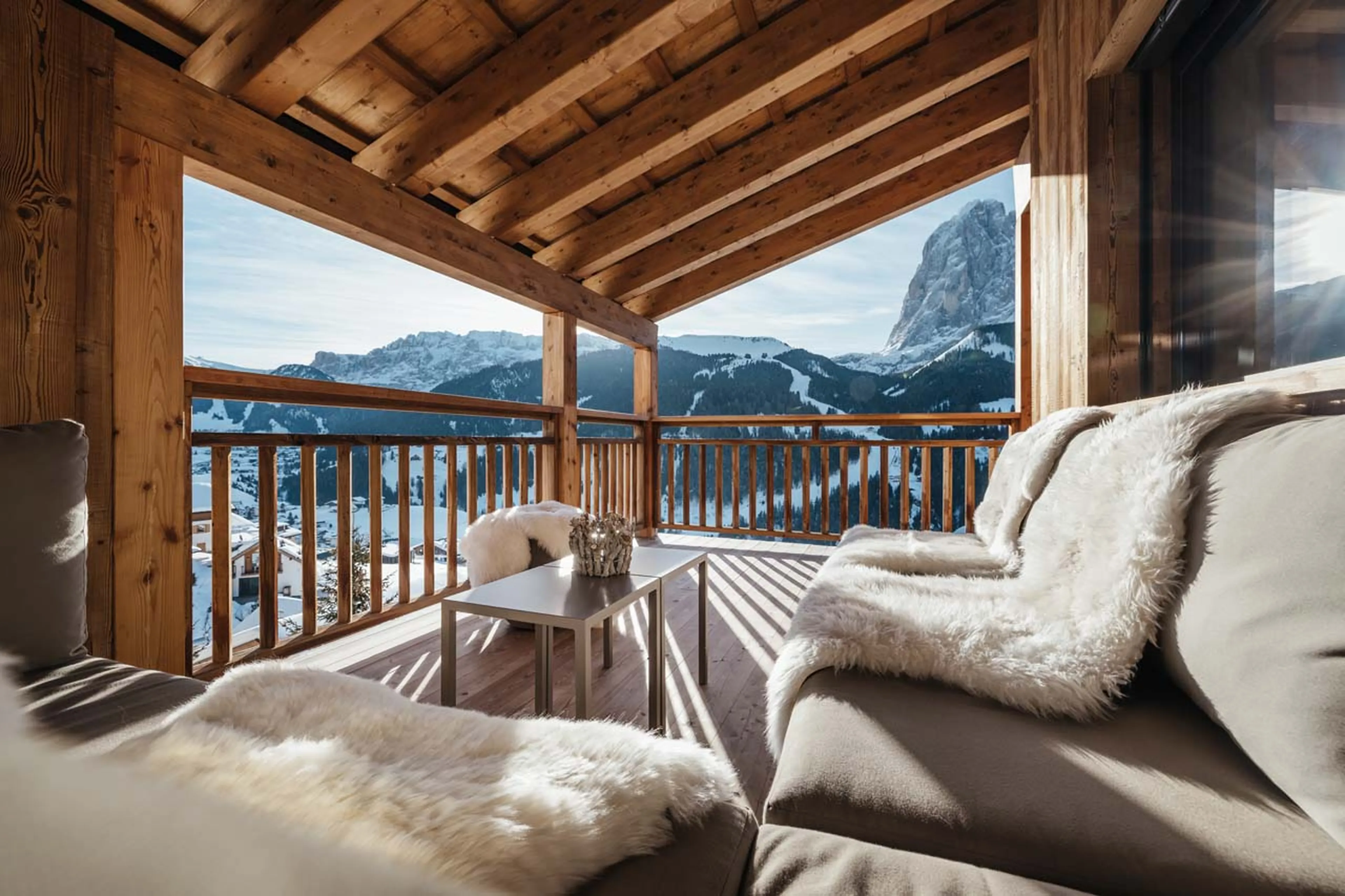Comfortable outdoor seating with mountain views in Chalet Filip, Val Gardena
