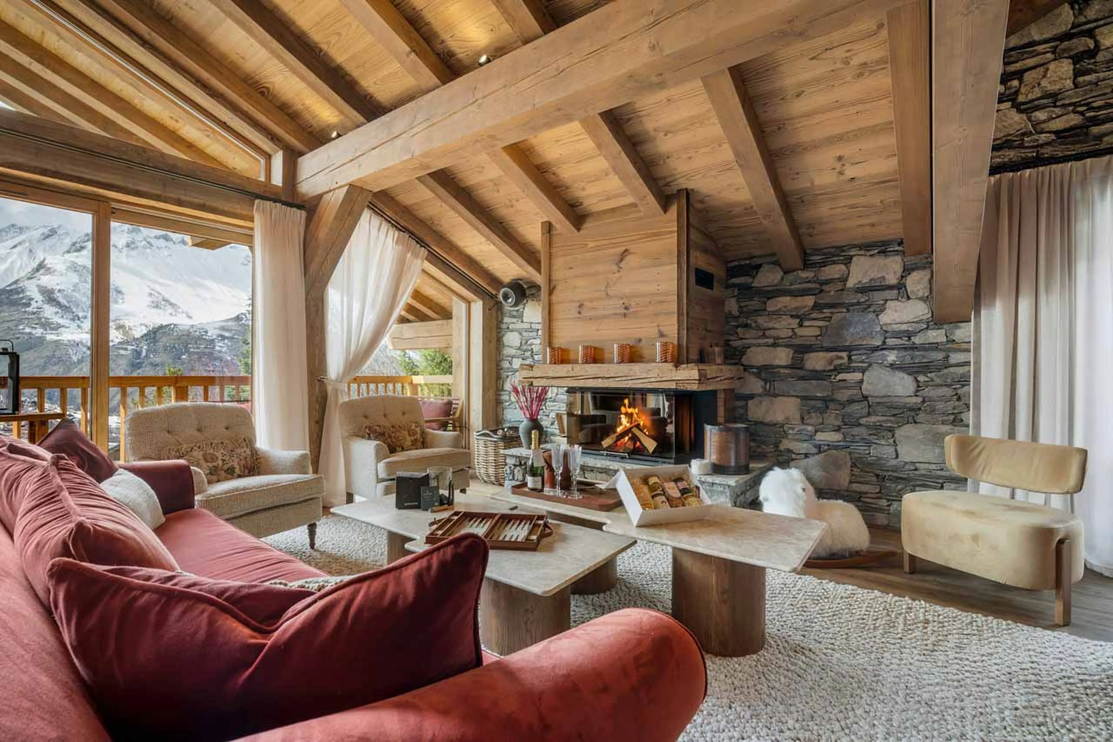 Living area fireplace at Chalet Flocon des Iles in St Martin de Belleville