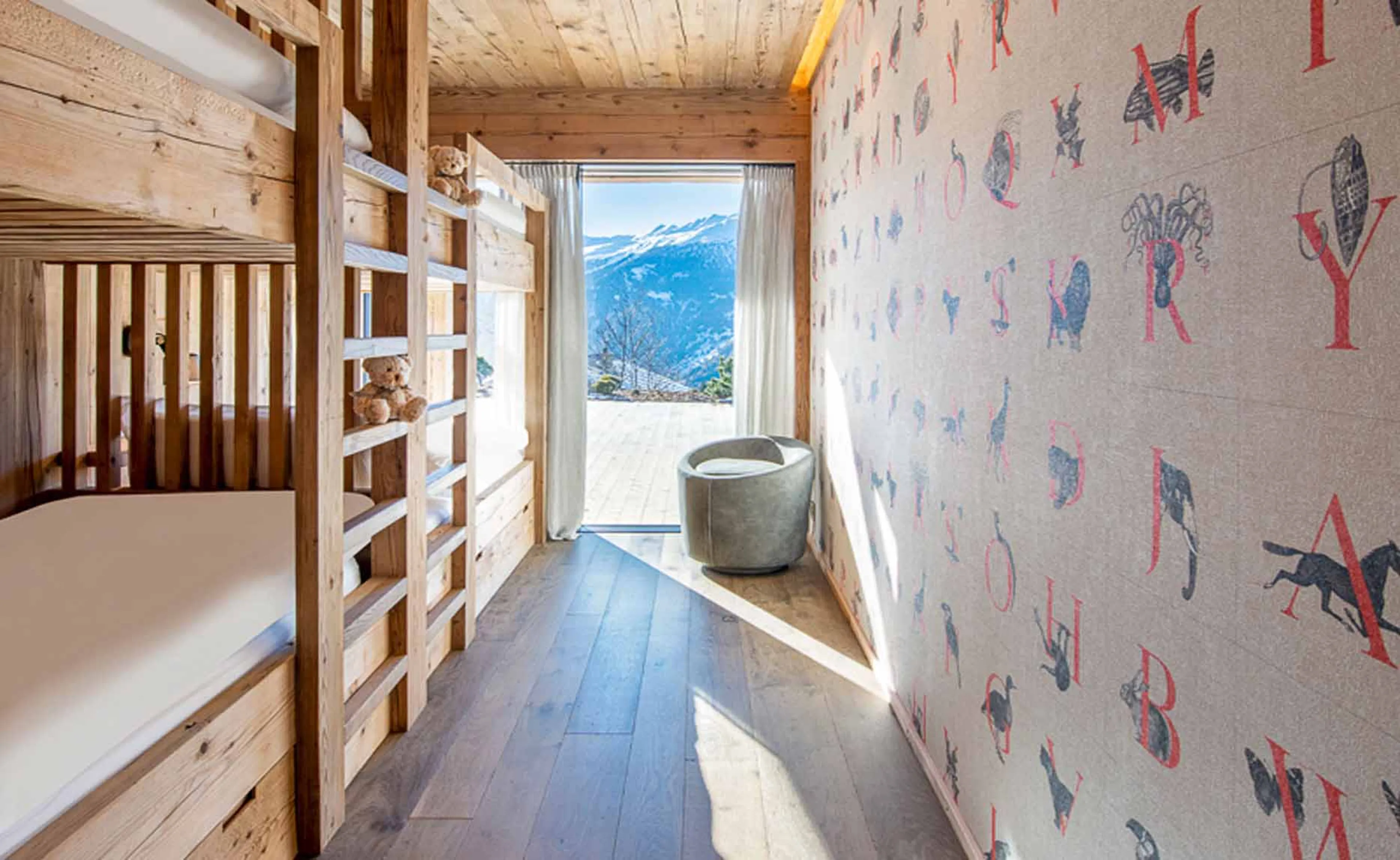 Charming wallpaper in bunk room at Chalet Foulon in Verbier