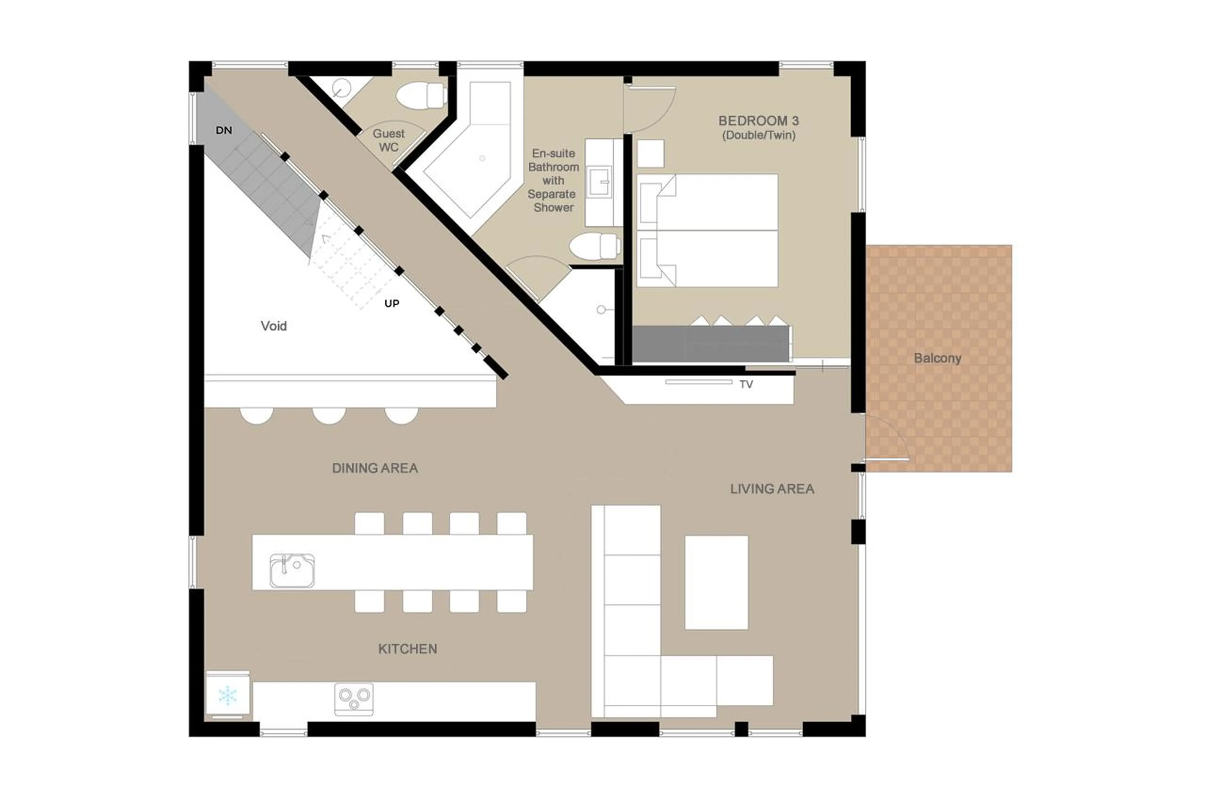 Top level floor plan of Chalet Foxwood B in Niseko